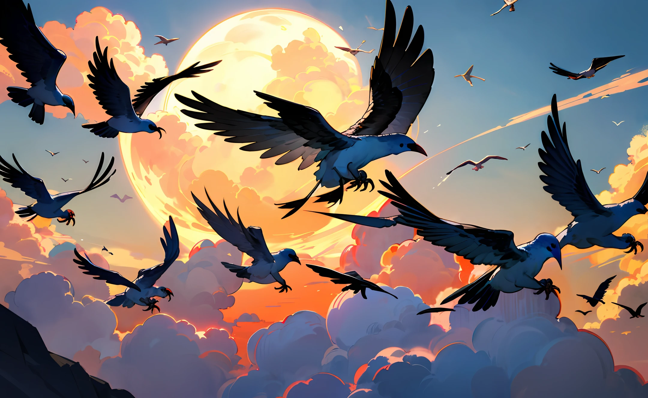 Clouds，flying birds，the setting sun，There are no characters
