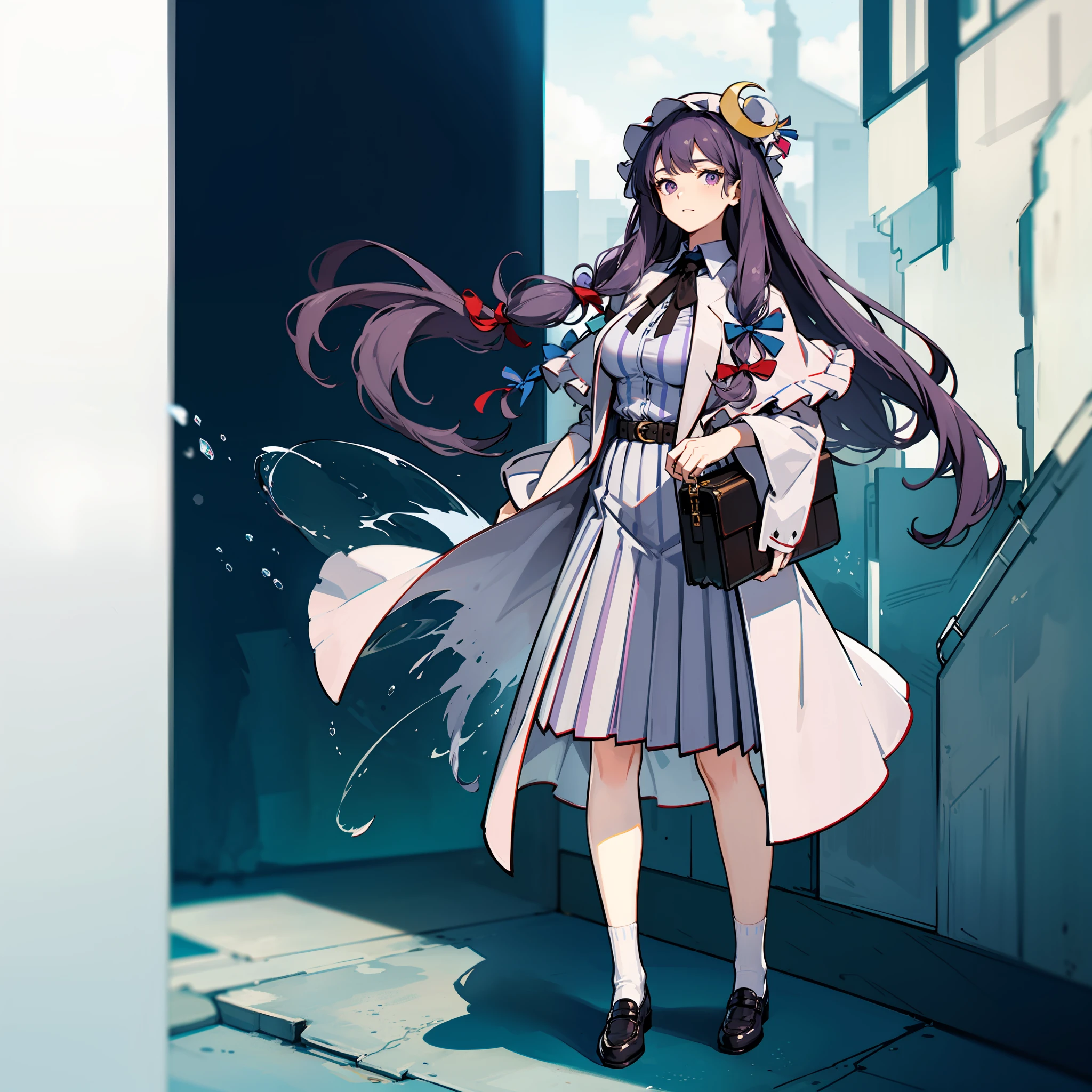 Depiction of a long-haired young woman with a briefcase, one girl, solo, patchouli knowledge, patchouli knowledge, school uniform, Gohei, skirt, shoes, white school uniform, white polo shirt, blue tie, blue pleated skirt, socks , Mary Janes, school background, alternative costume, long sleeves, sleeve rolls, purple hair, full body, looking at viewer, long hair, big breasts