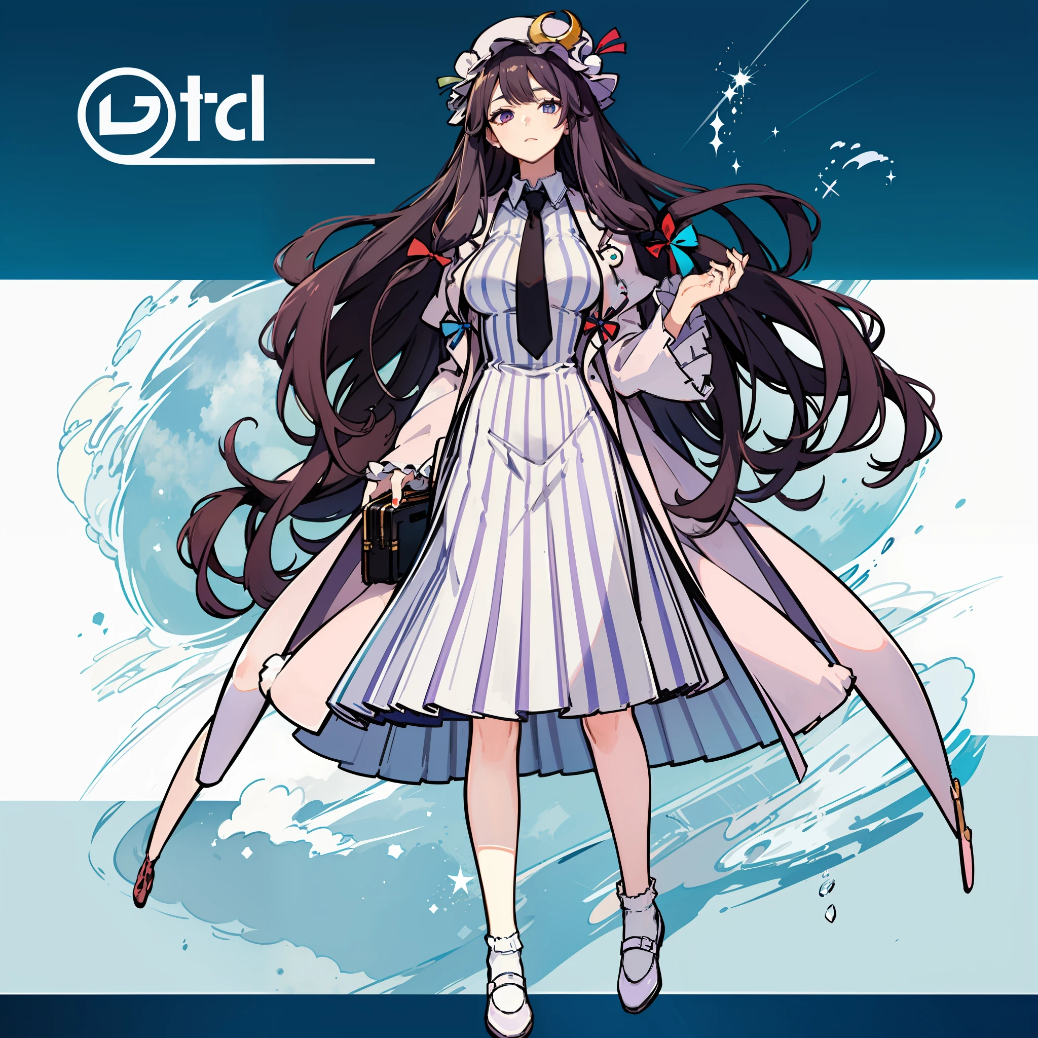 Depiction of a long-haired young woman with a briefcase, one girl, solo, patchouli knowledge, patchouli knowledge, school uniform, Gohei, skirt, shoes, white school uniform, white polo shirt, blue tie, blue pleated skirt, socks , Mary Janes, school background, alternative costume, long sleeves, sleeve rolls, purple hair, full body, looking at viewer, long hair, big breasts