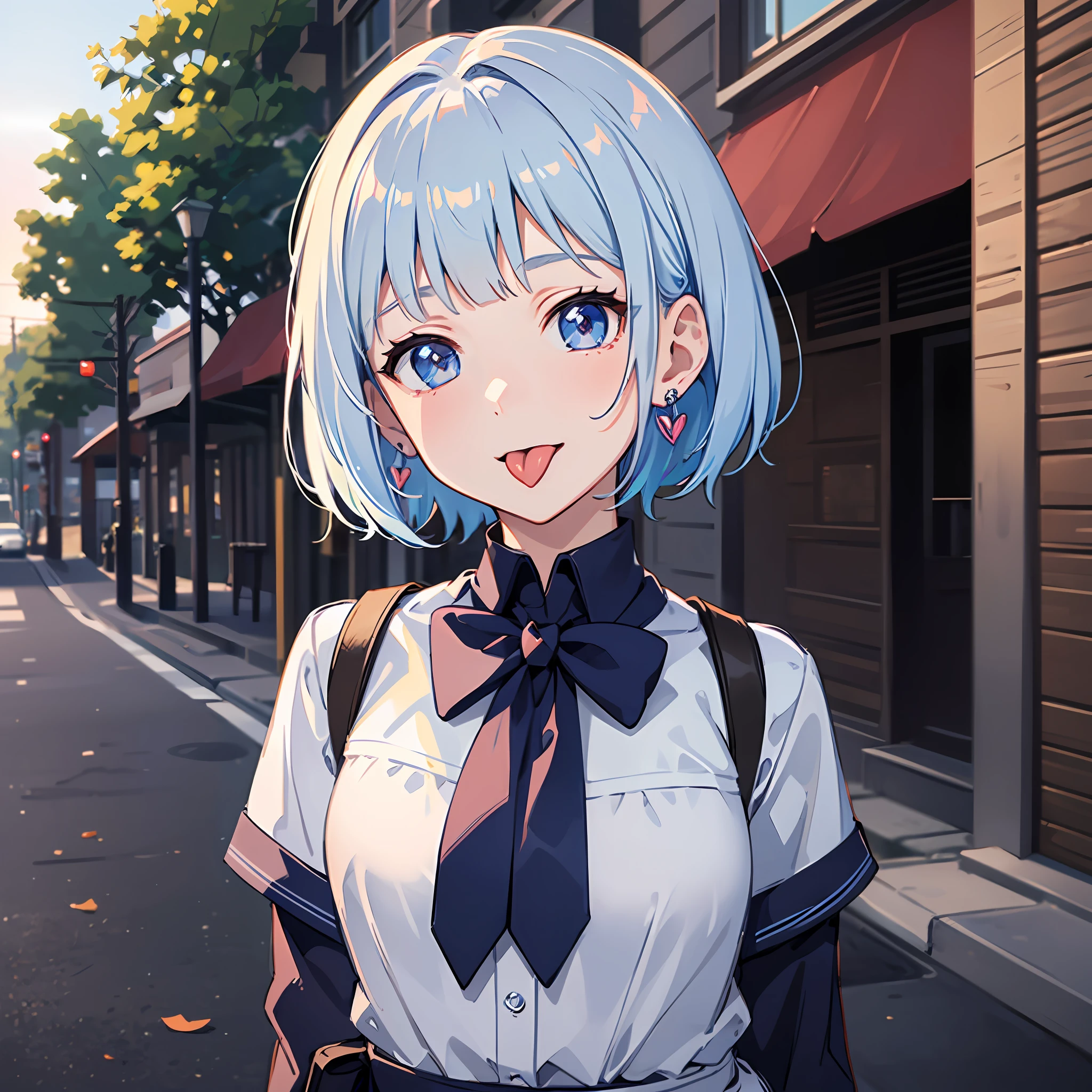 (masterpiece:1.3), (best quality:1.3), high resolution,
couboy shot,
head tilt, leaning forward, arms behind back, Body facing forward,
(one cute girl:1.3), solo,
white skin, small Breast, eight-headed person,
light blue hair, (bobbed hair:1.2), short hair, (blunt bangs:1.2), beautiful hair, beautiful detailed eyes,
(tongue out:1.3), heart, cheerful smile,
school uniform, earrings,
outdoors, school, dusk sky,
shadowlighting,