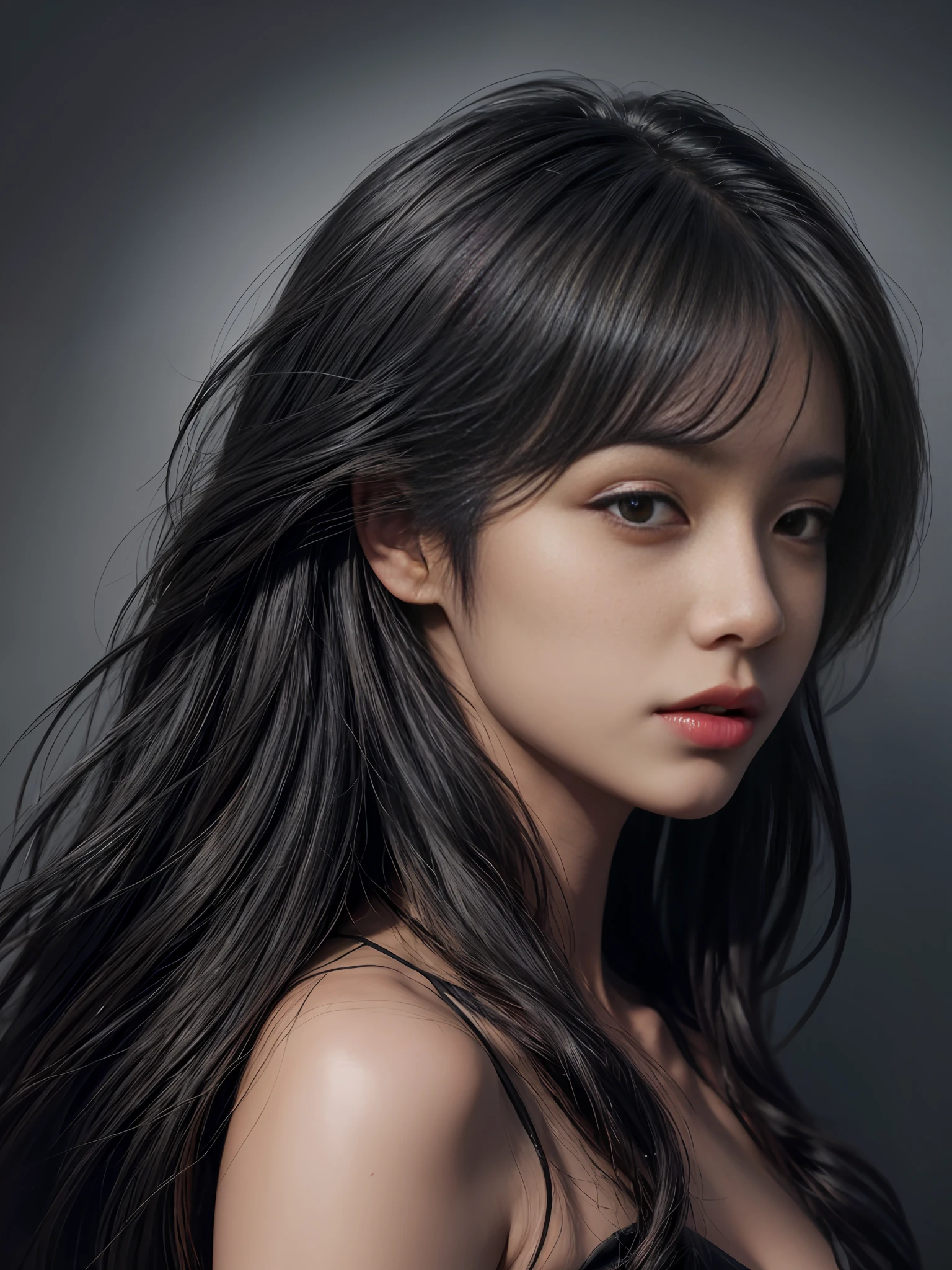 photography, upper body, a 20 yo woman, long hair, dark theme, muted colors, high contrast, (natural skin texture, hyperrealism, sharp:1.2),(simple background), hyperrealistic, analog