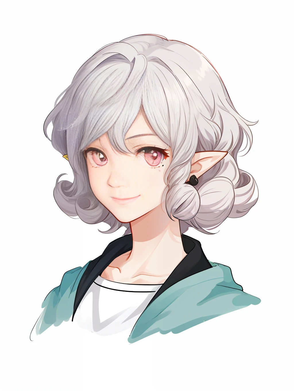 Cute girl, The upper part of the body, Pink eyes, white color hair, curly hair, mole under eye, pointy ears, light smile, masterpiece, anatomically correct, super detail, high details, high quality, award winning, best quality