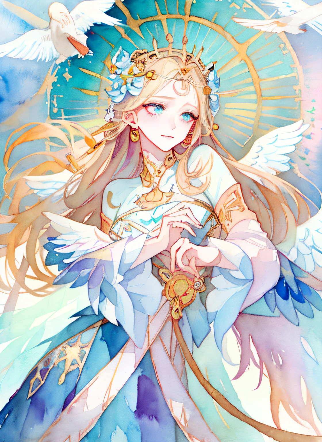 a drawing，The painting depicts a woman with white wings and a dove, inspired by Miho Hirano, watercolor detailed art, author：Mary Angel, inspired by Naoko Takeuchi, inspired by Marie Angel, Alphonse mucha and rossdraws, ethereal fairytale, Inspired by Rebecca Gay, trending on artstration, watercolor colored painting, Watercolor illustration style, goddess of love and peace
