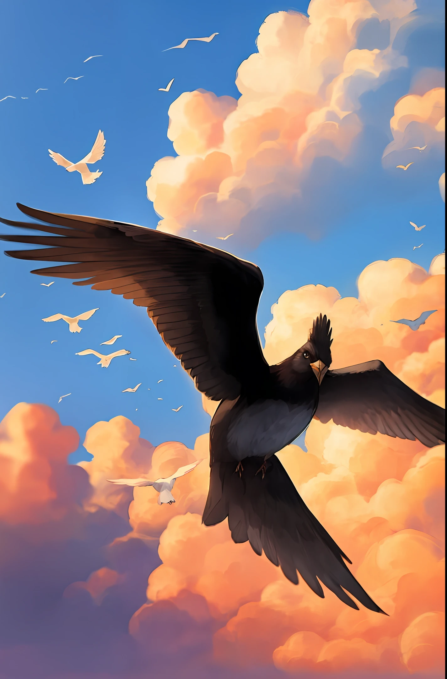 Clouds，flying birds，the setting sun，There are no characters，Background with，Wallpapers