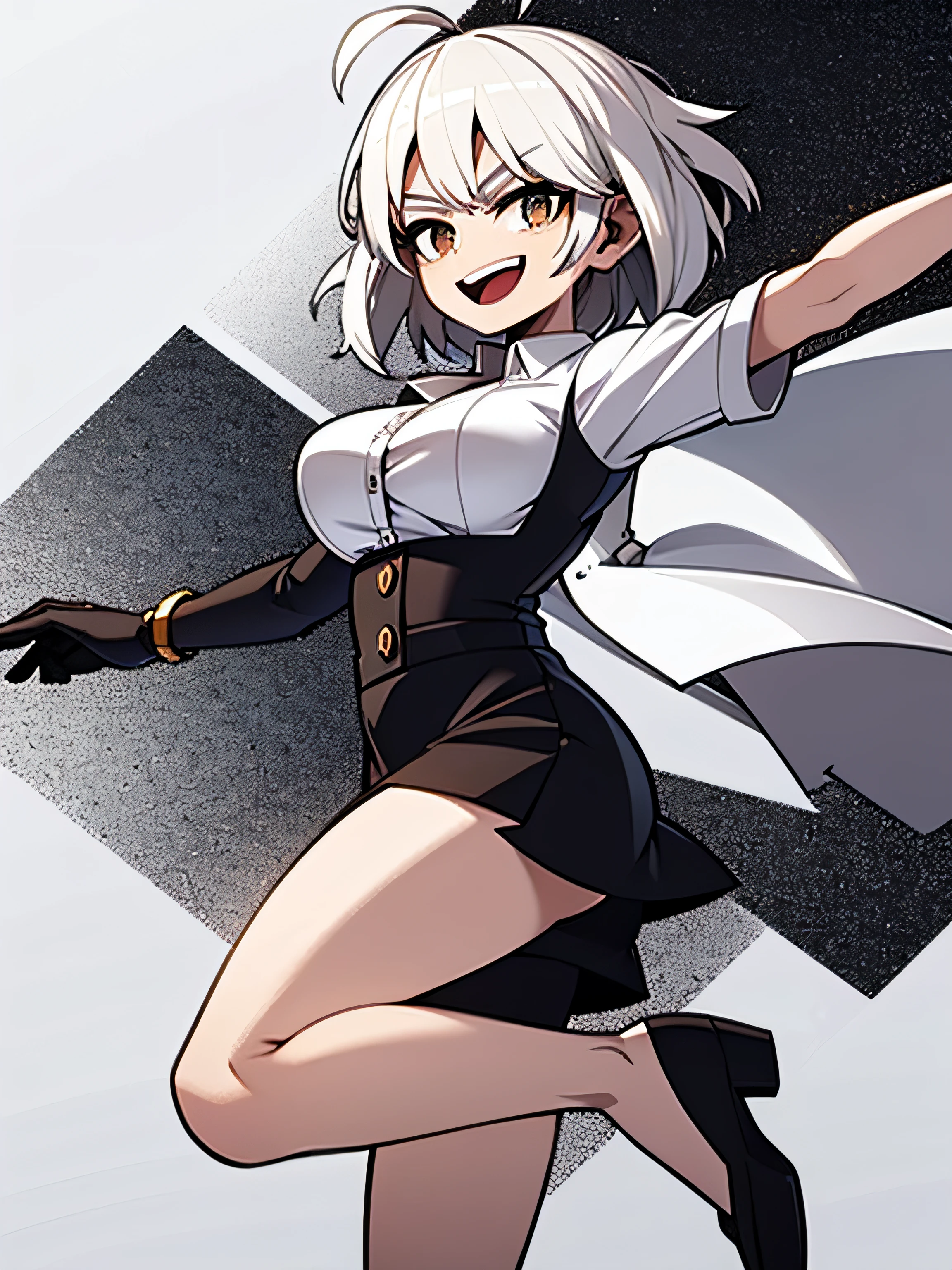 ((masterpiece, best quality)), (1girl), (solo), (female focus), (ahoge, white hair, short hair), black eyes, light smile, open mouth, ((white shirt), (buttoned shirt ), (Button gaps)), ((blackdress), (short  skirt)), standing on your feet, White background, Behind your arms, Dynamic angle 3D