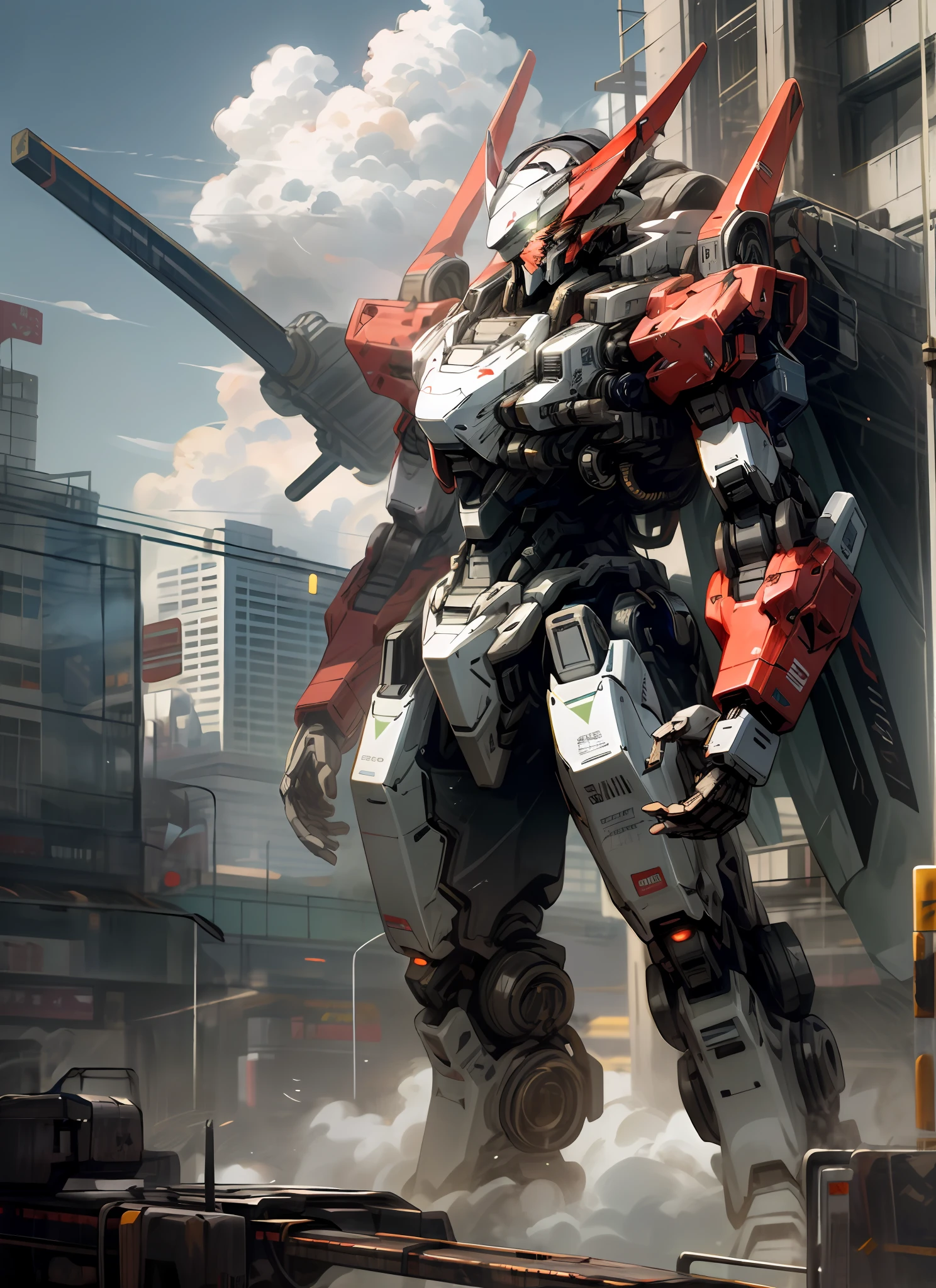 sky, cloud, holding_weapon, no_humans, glowing, , robot, building, glowing_eyes, mecha, science_fiction, city, realistic,mecha