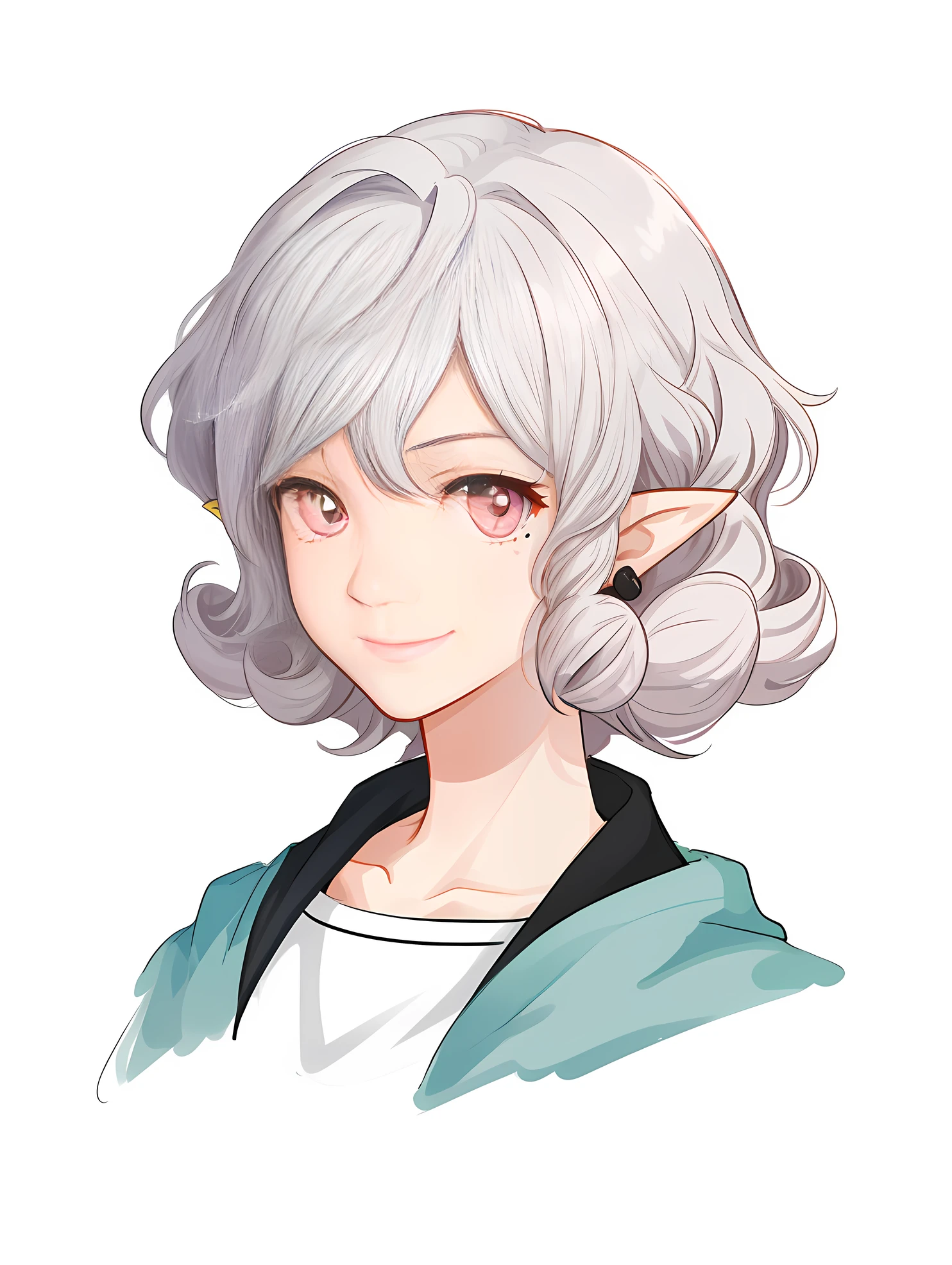 Cute girl, The upper part of the body, Pink eyes, white color hair, curly hair, mole under eye, pointy ears, light smile, masterpiece, anatomically correct, super detail, high details, high quality, award winning, best quality