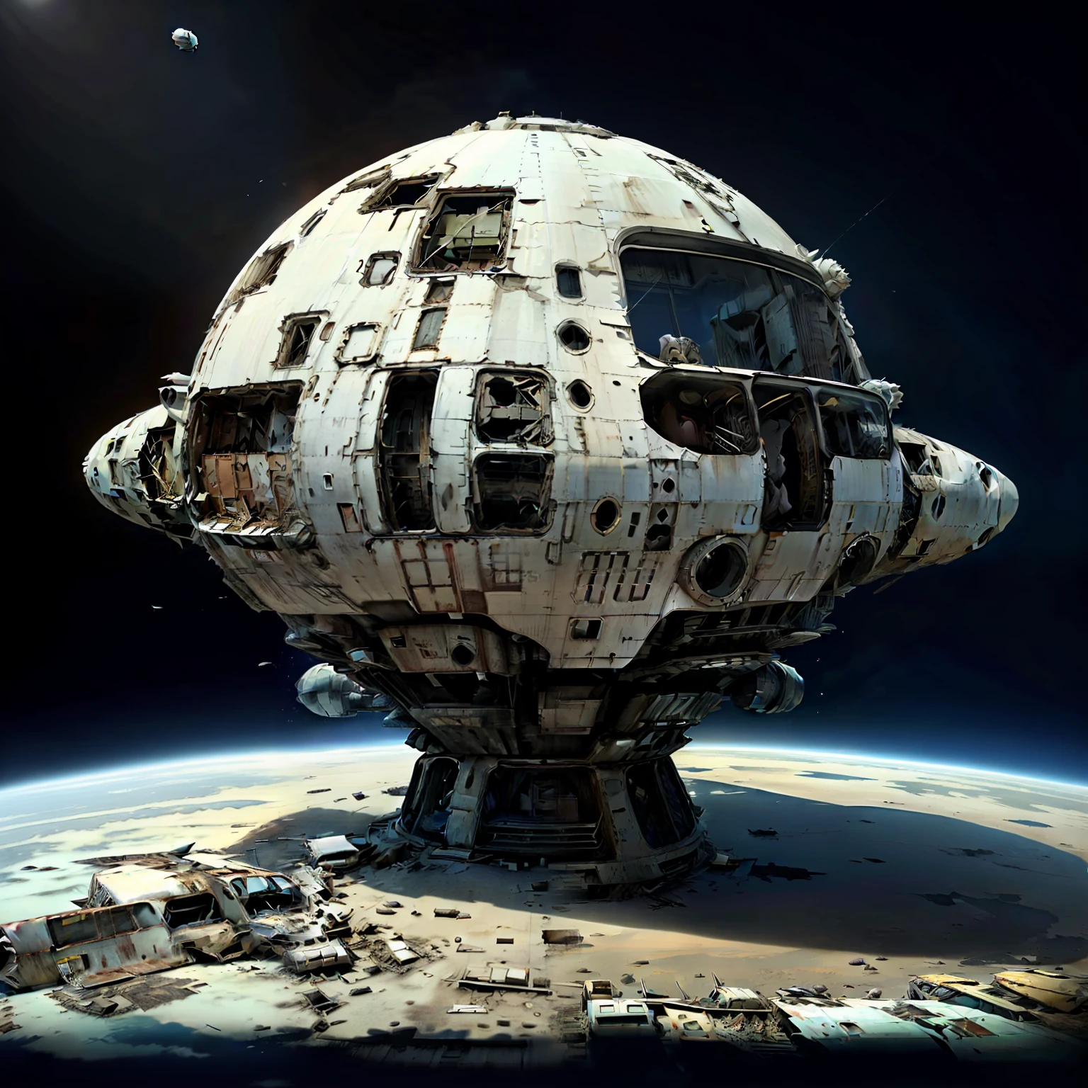 Broken shipwreckage(tmasterpiece),Dilapidated spaceship,8K,A falling spaceship in the universe(best qualtiy),deep dark background
