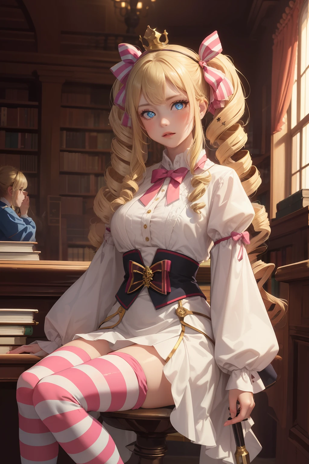 masterpiece, best quality, ultra-detailed, epic lighting, cinematic composition, 1girl, betty, (long blonde hair:1.1), blue eyes, hair ribbon, long sleeves, (striped legwear:1.2), single mini crown, pink bow, ringlets, drill hair, twin drills, symbol-shaped pupils, sitting, looking at viewer, library, (8k:1.1)