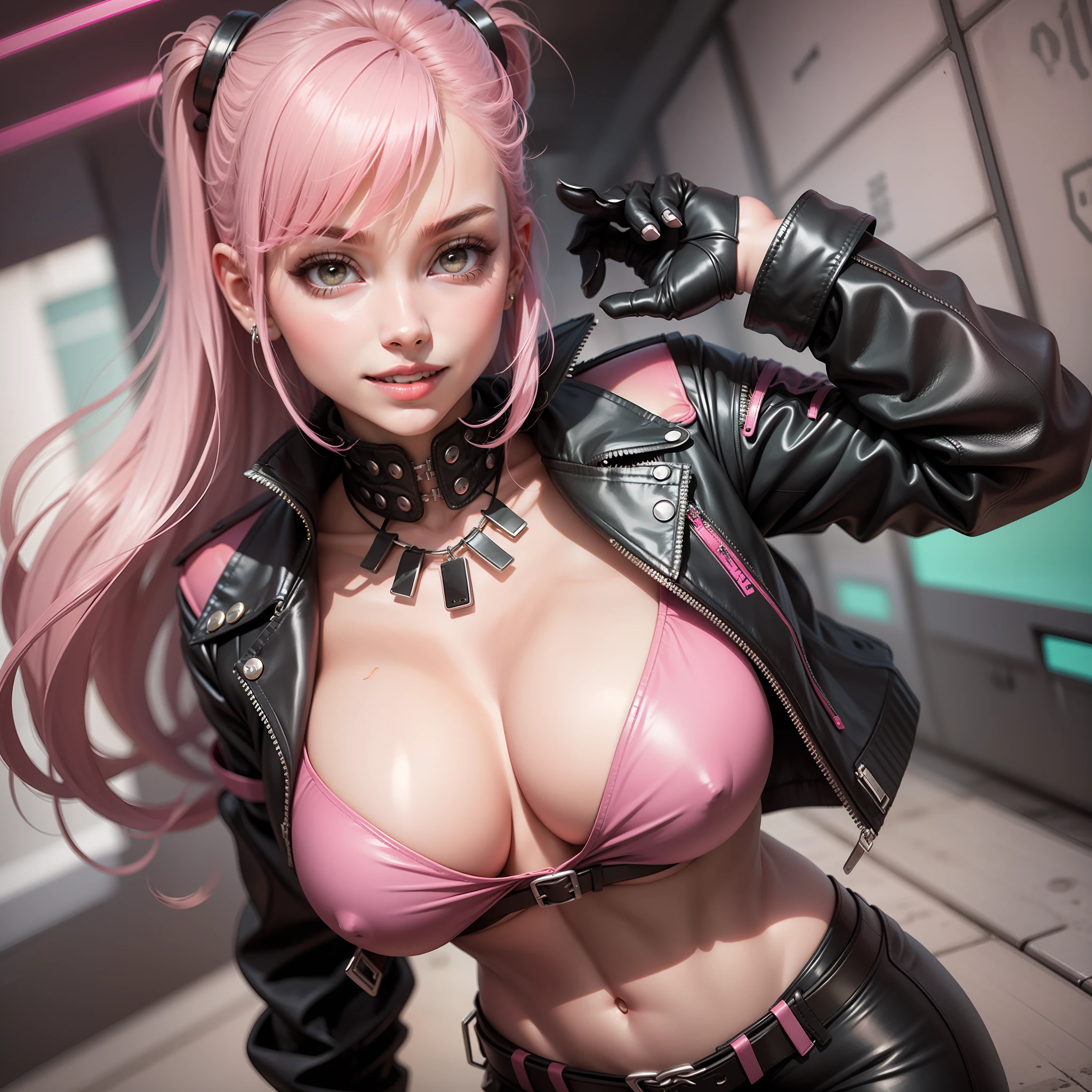 cyberpunked　girl with　smil　leather jackets　Pink Leather Pants　Colossal tits　Pink hair　beautiful a girl