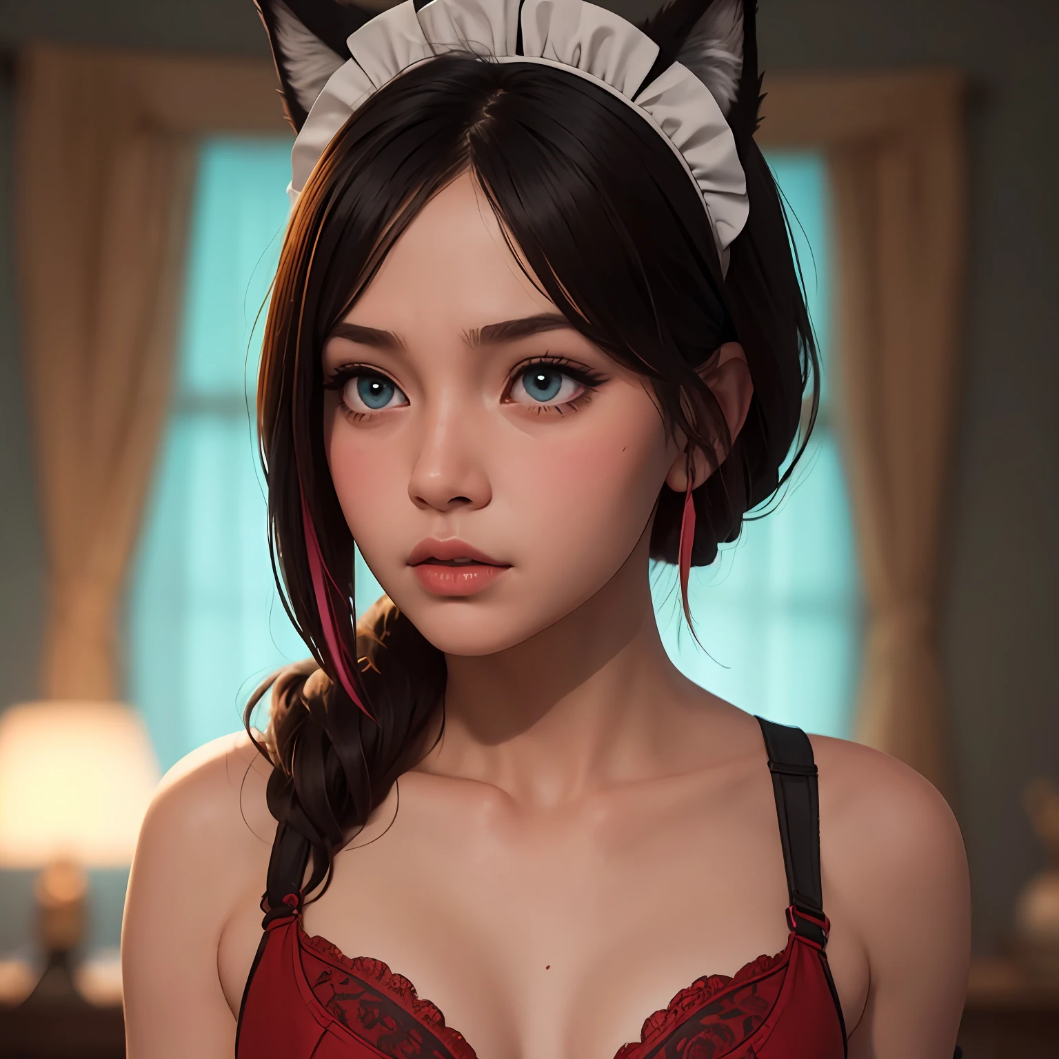 streaked hair, maid headdress, heart-shaped pupils, aqua eyes, fox ears, shy, blush, high detail, modern, cinematic lighting, close-up, UHD,girl,Red translucent bra --auto