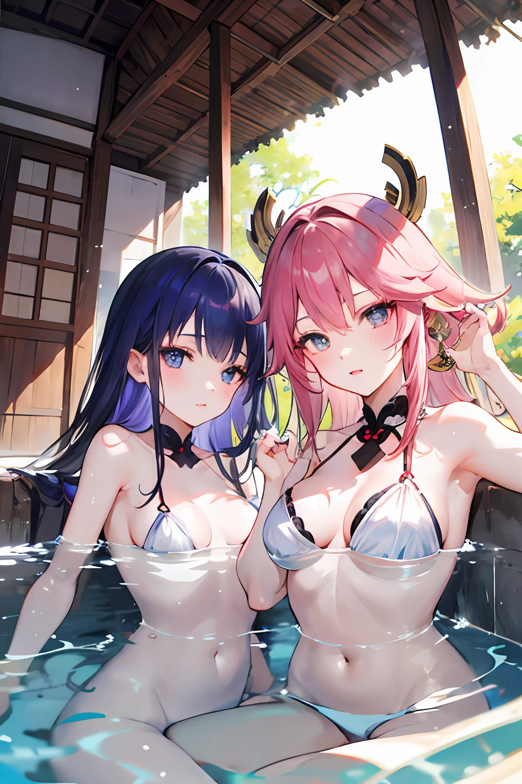 Bathing girls，2girls，Yae Miko, Raiden Shogun