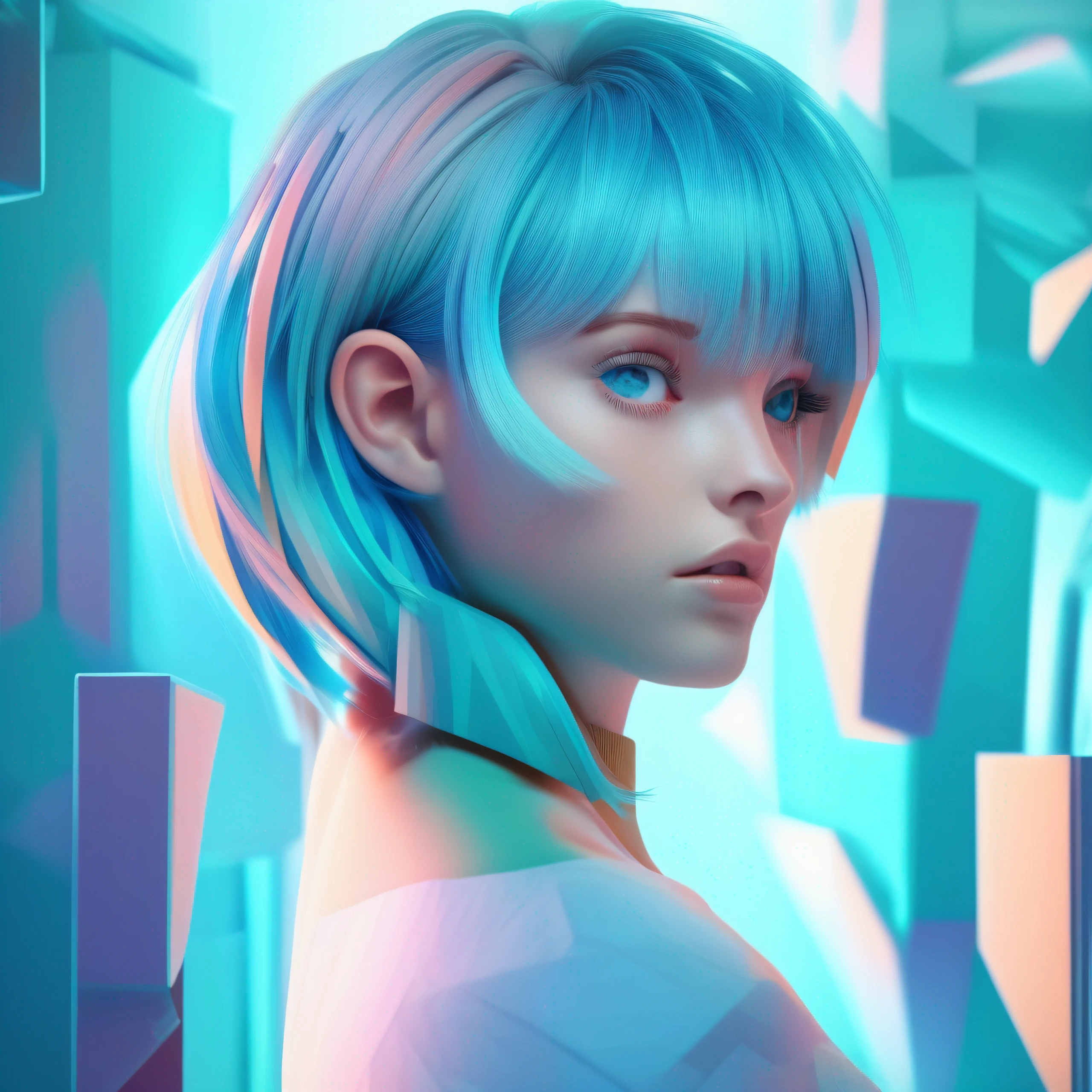 gradient hair, aqua eyes, shy, ray tracing, Cubist Futurism, perspective, f/1.8, 8k