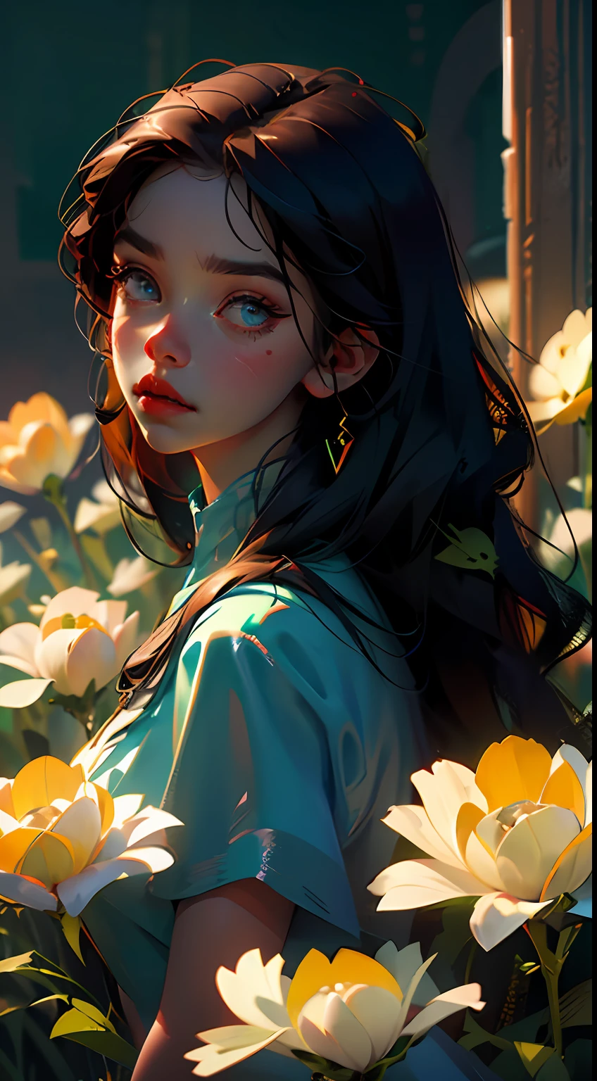 Anime - Stylistic illustration of a woman in a long dress flying over flowers, Artgerm and Atey Ghailan, Alphonse mucha and rossdraws, A pretty girl(very vey very detailed face,very detailed eyes and faces,beatiful detailed eyes,),Ross Tran style, by Yang J, In the style of Ross Tran, Ross Tran 8 K, By Li Song, atey ghailan 8 k, Beautiful character painting, Guviz-style artwork