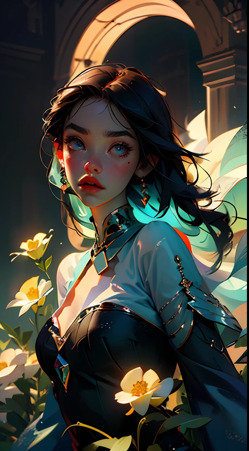 Anime - Stylistic illustration of a woman in a long dress flying over flowers, Artgerm and Atey Ghailan, Alphonse mucha and rossdraws, A pretty girl(very vey very detailed face,very detailed eyes and faces,beatiful detailed eyes,),Ross Tran style, by Yang J, In the style of Ross Tran, Ross Tran 8 K, By Li Song, atey ghailan 8 k, Beautiful character painting, Guviz-style artwork