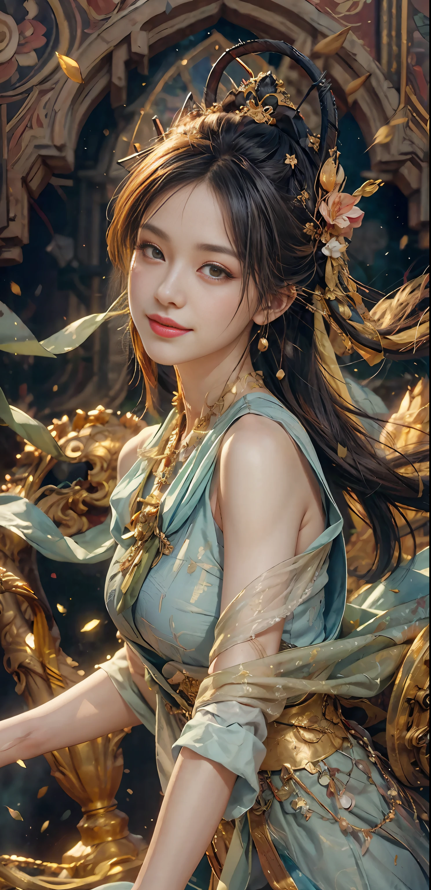 (RAW Photo, Best Quality), (Realistic, Photo Realistic: 1.3), Best Quality, Highly Detailed, Masterpiece, Ultra Detailed, Illustration, 1 Girl, upper_body, Dynamic Angle, World Mastery Theater, messy_long_hair, Best Quality, Extremely Detailed CG Unified 8k Wallpaper, Ink, Amazing, Cinematic Lighting, lens_flare, dunhuang_style, Beautiful Rendering of the Tang Dynasty, (Smile: 1.5), (Holy Light), In the Grotto, Floating, Sony Master Shot, Bustling, Gold Leaf, Flower, Light Blue Clothes, Looking at the Audience