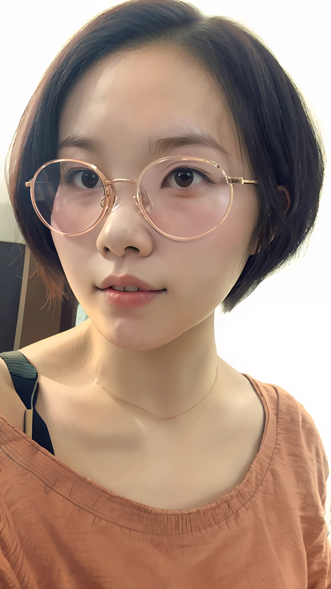 There is a woman with glasses taking a selfie in the mirror, wearing thin large round glasses, 2 8 years old, 2 9 years old, 2 7 years old, wenfei ye, eye glass, With glasses, 3 2 - year - old, Lin Qifeng, Zhang Wanting, wearing small round glasses, 38 years old, xintong chen, headshot profile picture