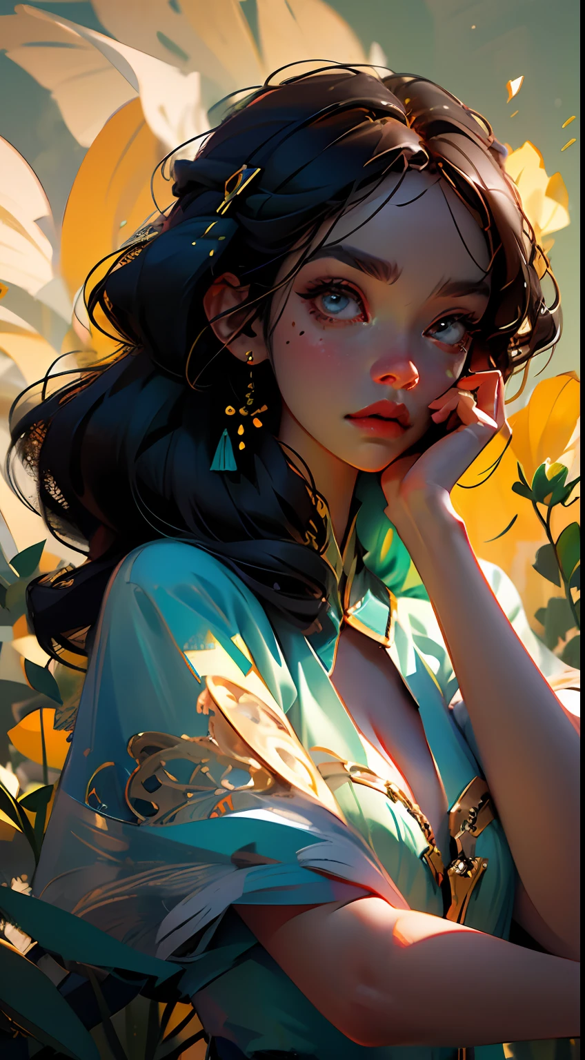 Anime - Stylistic illustration of a woman in a long dress flying over flowers, Artgerm and Atey Ghailan, Alphonse mucha and rossdraws, A pretty girl（very vey very detailed face，very detailed eyes and faces，beatiful detailed eyes，），Ross Tran style, by Yang J, In the style of Ross Tran, Ross Tran 8 K, By Li Song, atey ghailan 8 k, Beautiful character painting, Guviz-style artwork