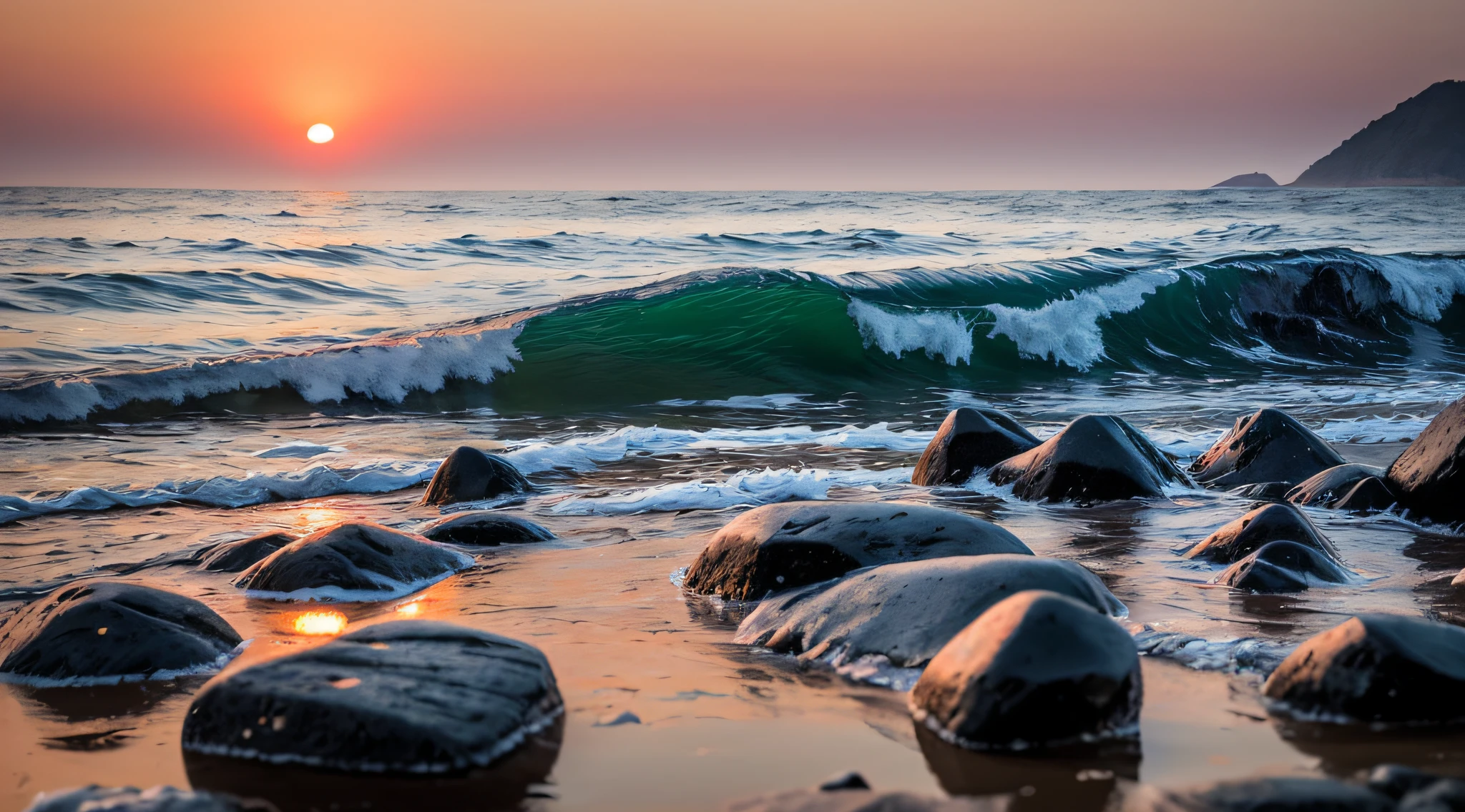 Real scenery,high-definition photography,Sea slow door photography,Close up 4 stones hit by water,Medium view of the sea,Distant view of the sun at dusk,And the sky illuminated by the setting sun,Beautiful,Like Wonderland,Vast angle,ultraclear,Rich level of detail,Award-winning works