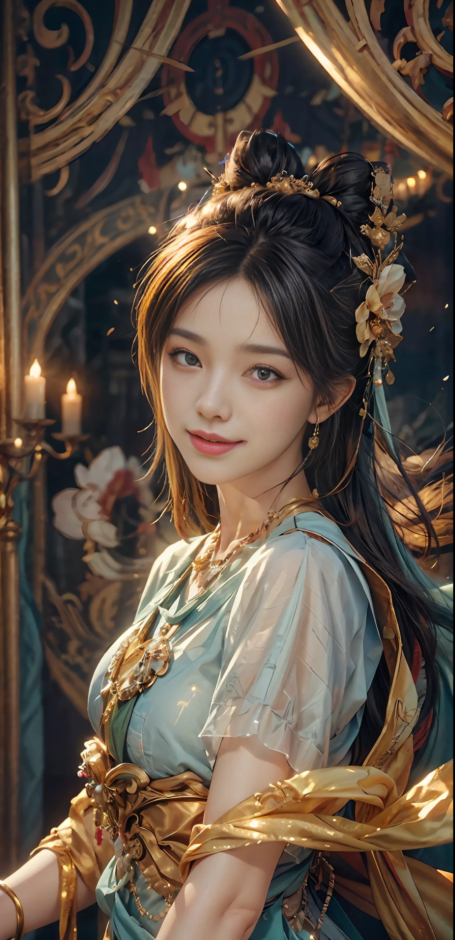 (RAW Photo, Best Quality), (Realistic, Photo Realistic: 1.3), Best Quality, Highly Detailed, Masterpiece, Ultra Detailed, Illustration, 1 Girl, upper_body, Dynamic Angle, World Mastery Theater, messy_long_hair, Best Quality, Extremely Detailed CG Unified 8k Wallpaper, Ink, Amazing, Cinematic Lighting, lens_flare, dunhuang_style, Beautiful Rendering of the Tang Dynasty, (Smile: 1.5), (Holy Light), In the Grotto, Floating, Sony Master Shot, Bustling, Gold Leaf, Flower, Light Blue Clothes, Looking at the Audience