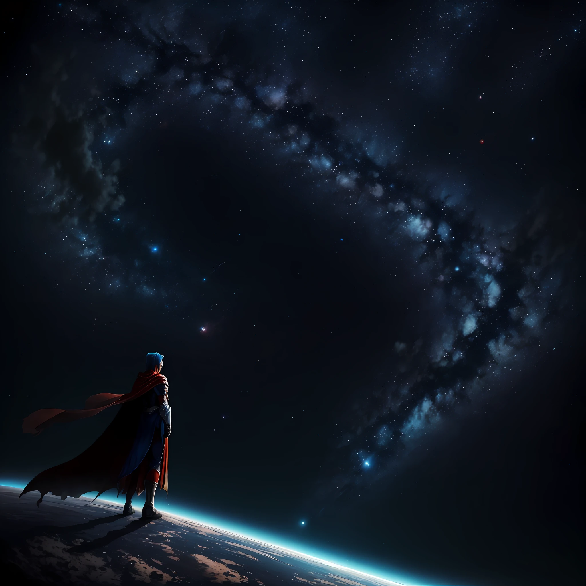 Blue and white armor red cape starry sky background space battleship female --auto