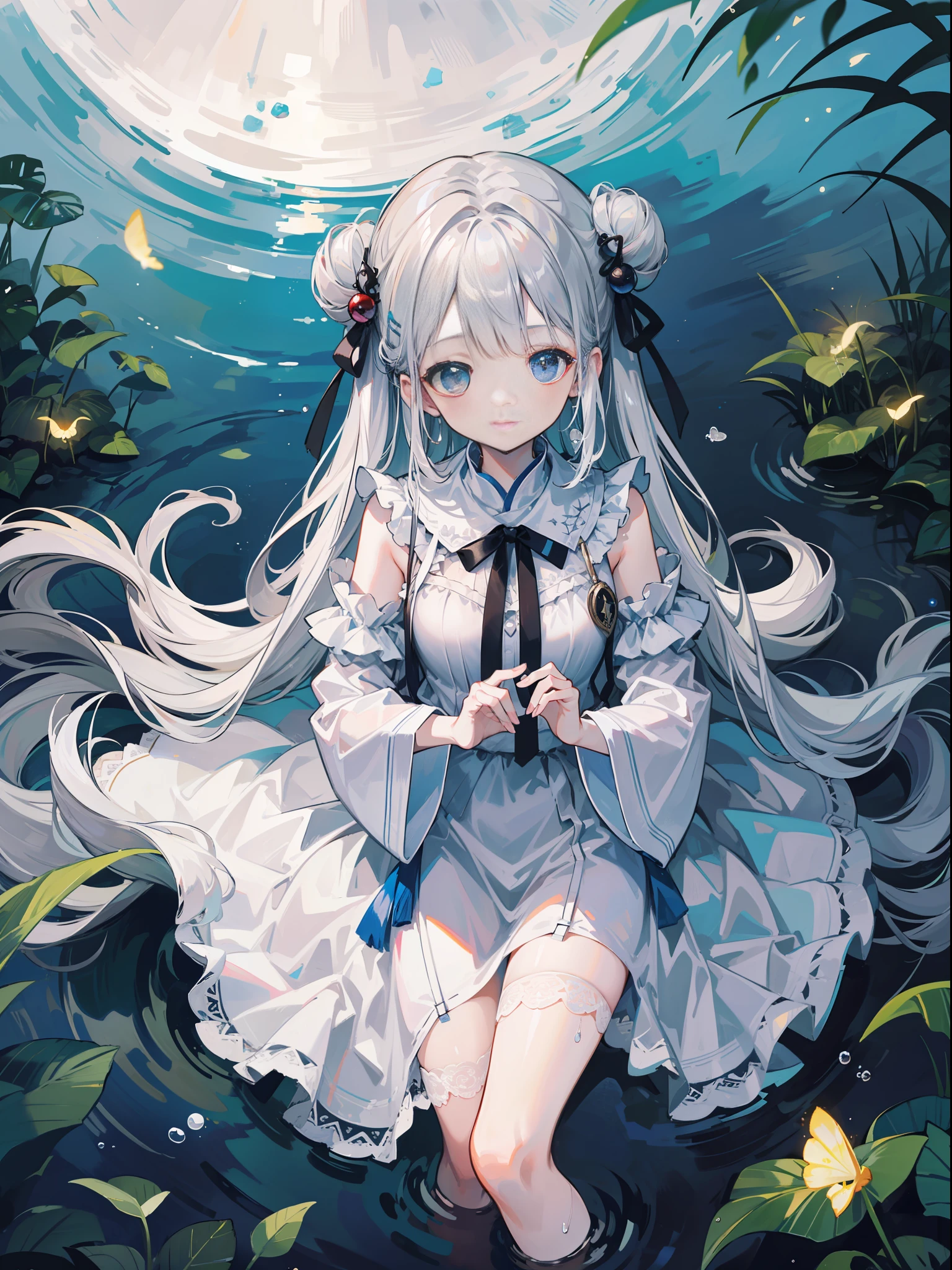 Fantastic and beautiful moonlight in pitch-black forest。View from above of a 15-year-old girl。(Wet silver bob hair)。A slight smil。Wearing only sheer long white cloth with beautiful lace decoration。The cloth is submerged in water。(Splashing in the dark forest lake at night)。(Hair or clothes are wet)。Splash。Wet hair bunches。Dripping water droplets。Fantastic fireflies float in the air、Light also reflects off water。Near and far law。Glitter effect。Dynamic composition with depth。Extremely high quality、high-level image quality、Extremely delicate drawing。Rarely seen workmanship