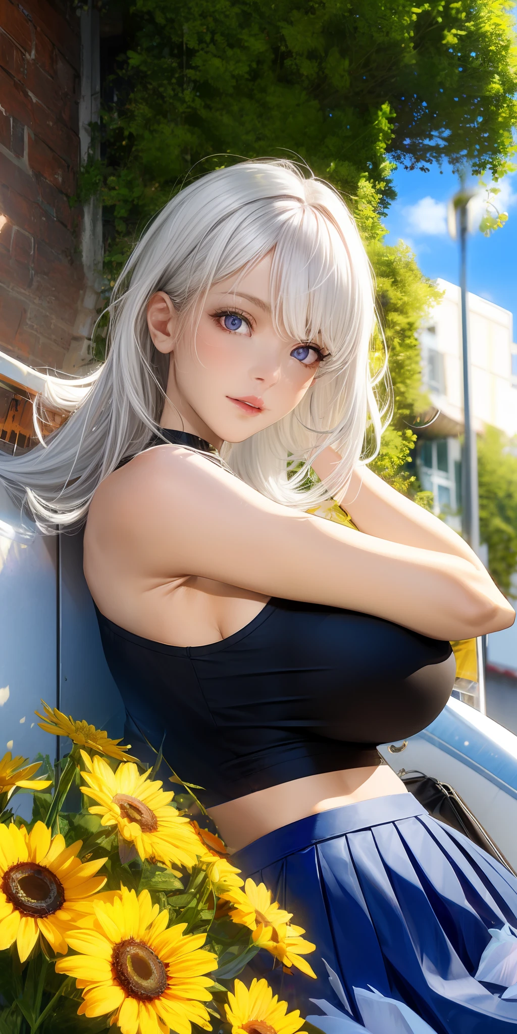 realisticlying,1girll,White hair,Purple eye,glowing light eyes,Cut the top,a skirt,parted lip,Be red in the face,the night,fresh flowers,suns,rays of sunshine,huge tit,woman