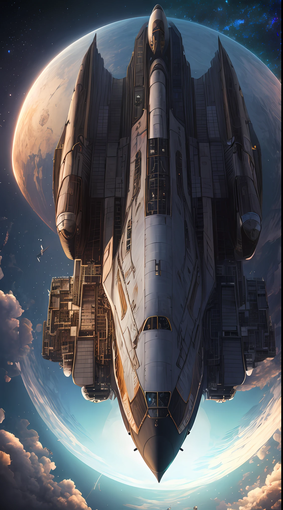 space ship,The future is full of technology,Complex structures,Ultra-detailed graphics,glittery,(The shuttle's strong metallic sheen:1.3),Cockpit exterior,Medium close-up and close-up,Silvertone,Streamlined,Outer space scenes:1.3,(Earth background:1.3),rendering by octane,Ultra photo realsisim,hyper realisitc,A masterpiece of science fiction,Cinematic texture,hyper photorealism,Premium wallpapers,Master masterpieces,offical wallpaper.(Screen Living:1.3)bird's eyes view:1.3