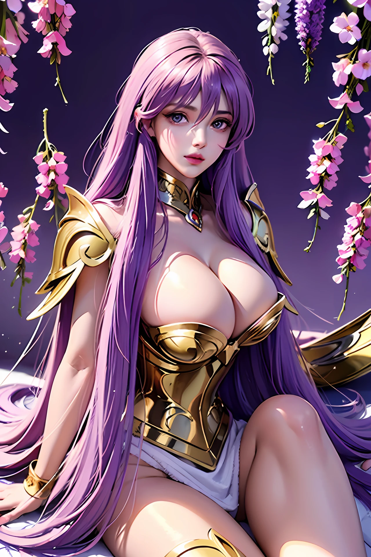 beautiful lighting,best quality,masterpiece,ultra highres,photorealistic, (soft_light:1.5),(The lighting),delicate elegance,captivating beauty,tender balance,Enchantress, full body, 1 girl, alone,((Huge breasts:1.2)),Kido_Saori,(AthenaCloth_armor:1.1),lavender hair,(hair between eyes:1.2),sitting, back to the viewer, simple background,