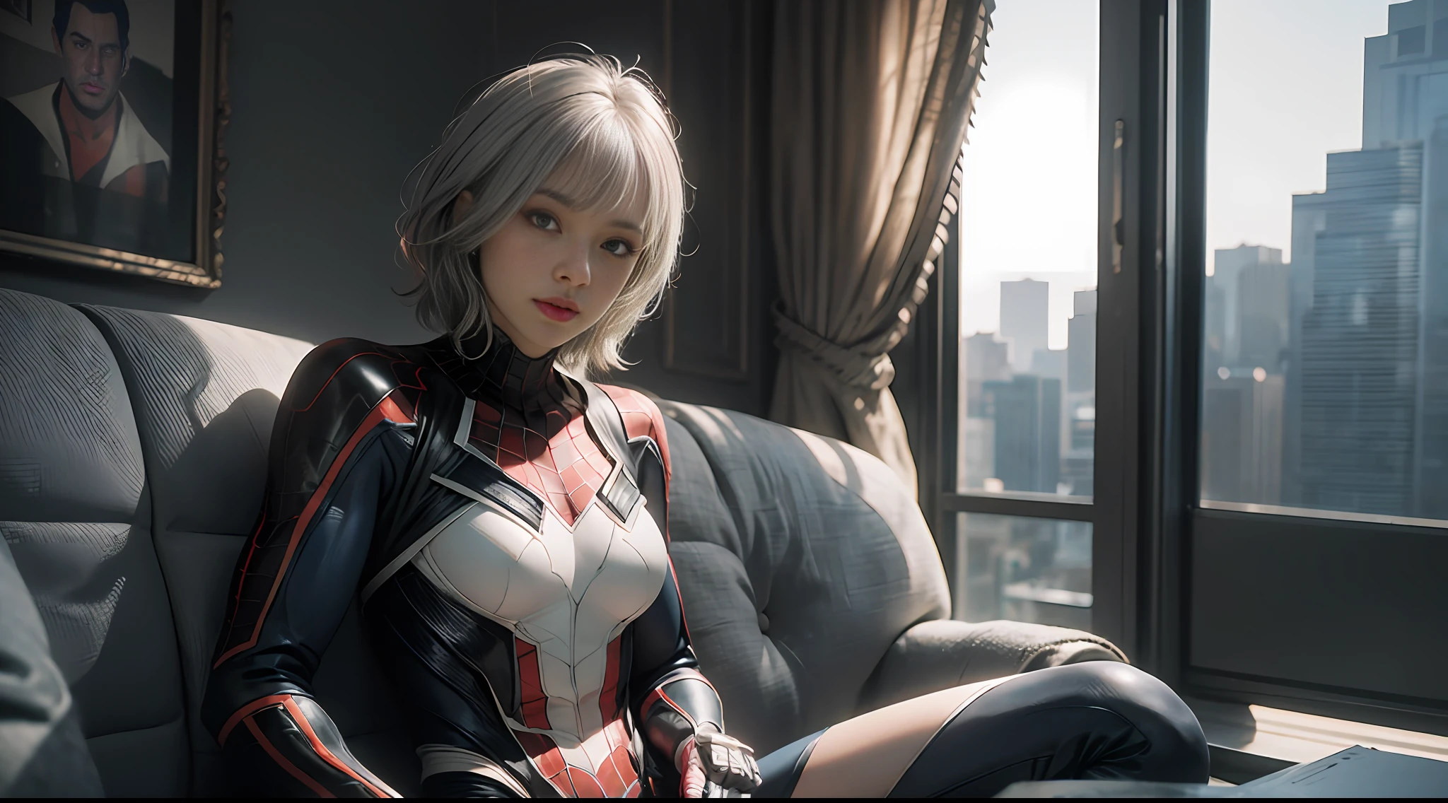 (CG Unity 8K wallpaper in extreme detail，tmasterpiece，Highest image quality)，(Delicate light and shadow，The picture is highly dramatic，Cinematic lens effect)，A girl in a white Spider-Man costume，Silver-gray hair color，From the Spider-Man parallel universe，Wenger，Marvel，Spidey，sitting in the couch，dynamicposes)，(Exceptional detail，The lighting effect is outstanding，Vista wide angle)，(Excellent rendering，Enough to stand out from the crowd)，The focus is on the white Spider-Man costume，Complex spider textures，Upper body photo