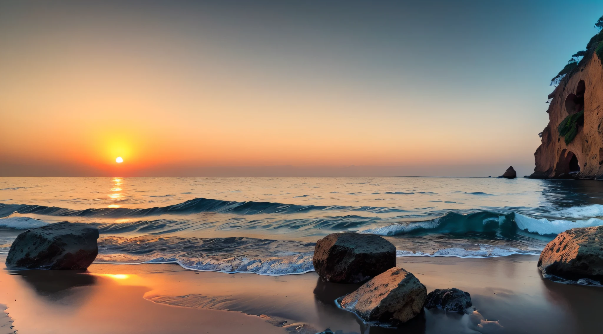 Real scenery，high-definition photography，Sea slow door photography，Close up 4 stones hit by water，Medium view of the sea，Distant view of the sun at dusk，And the sky illuminated by the setting sun，Beautiful，Like Wonderland，Vast angle，ultraclear，Rich level of detail，Award-winning works