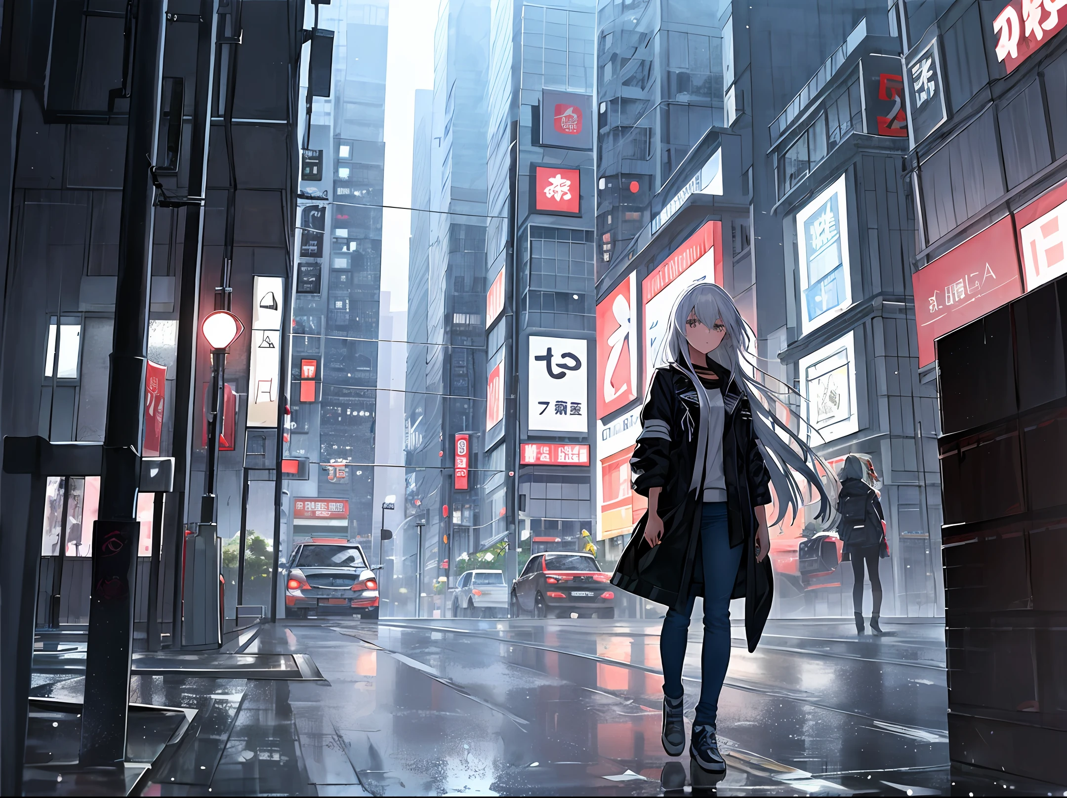 1girl, (long hair+short hair+white colour), jacket, rider, jeans, ground vehicle, motorcycle, mecha, (japanese sport motorcycle+black+white+colour), city, akihabara, cyberpunk city, after heavy rain, evening, japanese studio anime, award winner, best quality, poster