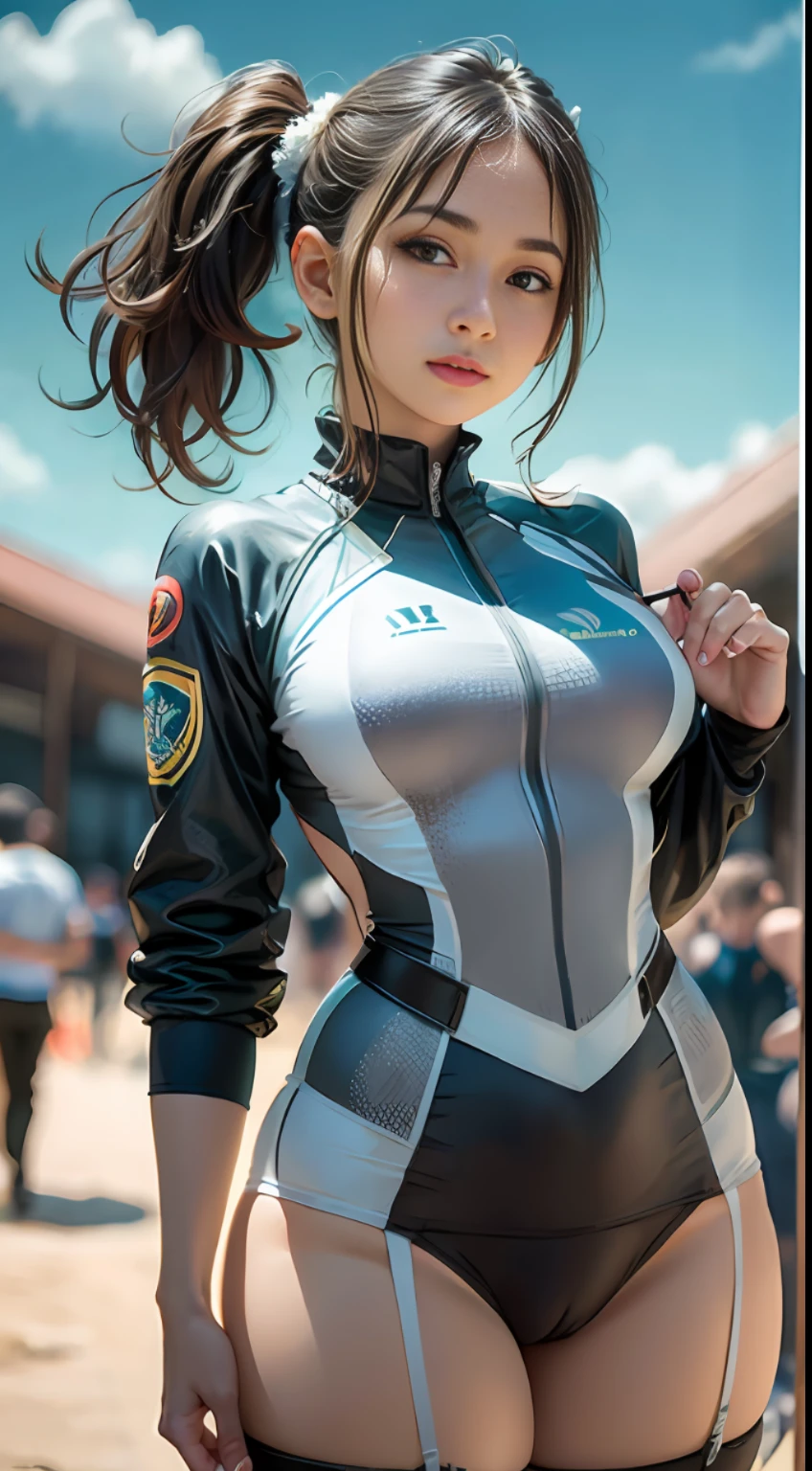 Racing Wear,(Inspired by the Avengers),pony tails,One-piece gel coat library,Machine girl,Security level,big assa,(8k,foto RAW,fotorrealista:1,25),(muito brilho labial,very many eyelashes,melhor qualidade,ultra high-resolution,profundidade de campo,chromatic aberration,luz ampla,cor natural,Distant pictures(1:2)