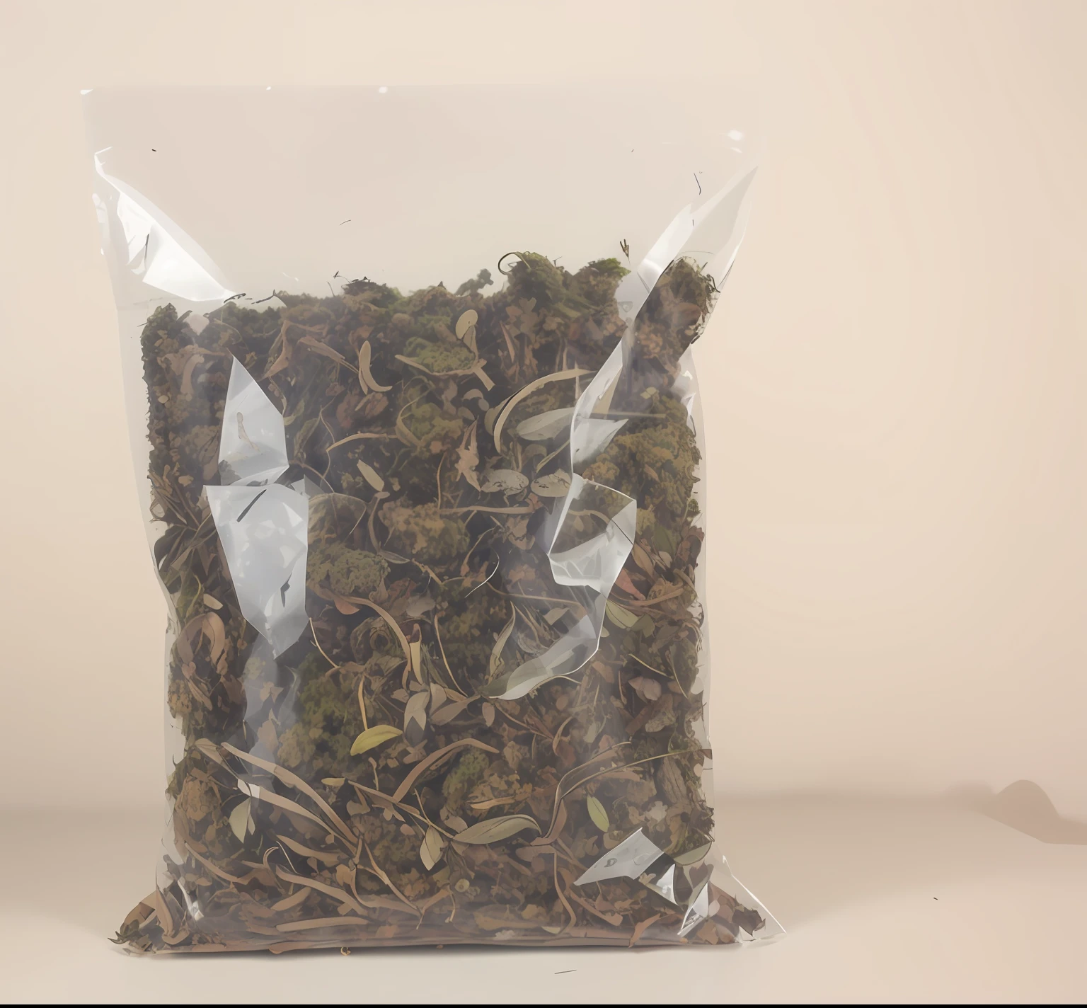 There is a bag of dried herbs on the white surface, Dry moss, dried herbs, high quality product photo, Organic mushroom lichen moss, dried fern, product photograph, high detail product photo, Dry aquarium, In salvia, miniature product photo, full product shot, detailed product photo, Dry plants, close-up product photo, Product photo，Cutout，Change the background，The background color is white