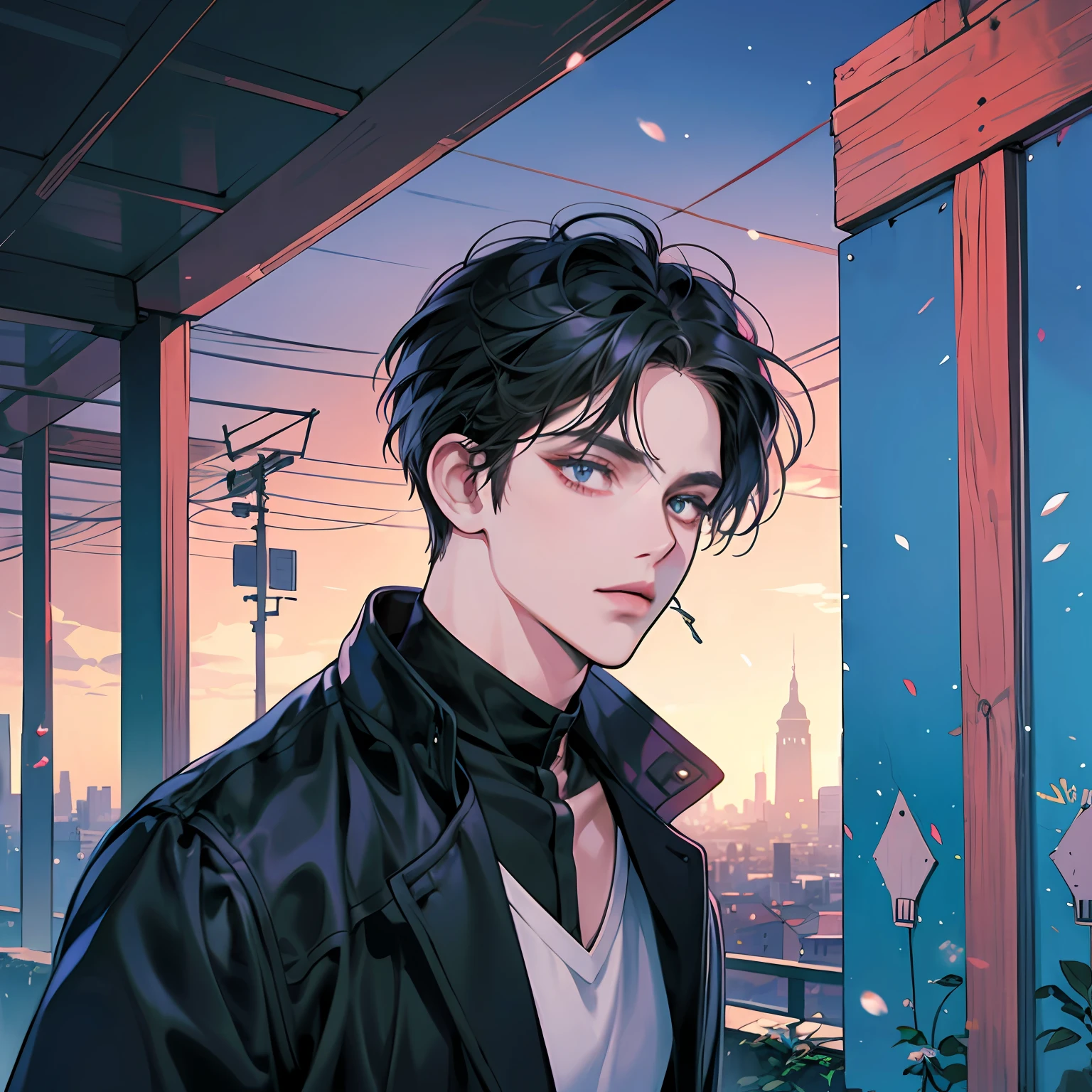 There was a cold man standing in front of a city, Praise Artstyle, lofi portrait, Lofi art, lofi aesthetics, lo-fi art, animeaesthetic, lofi feel, lofi album art, --auto