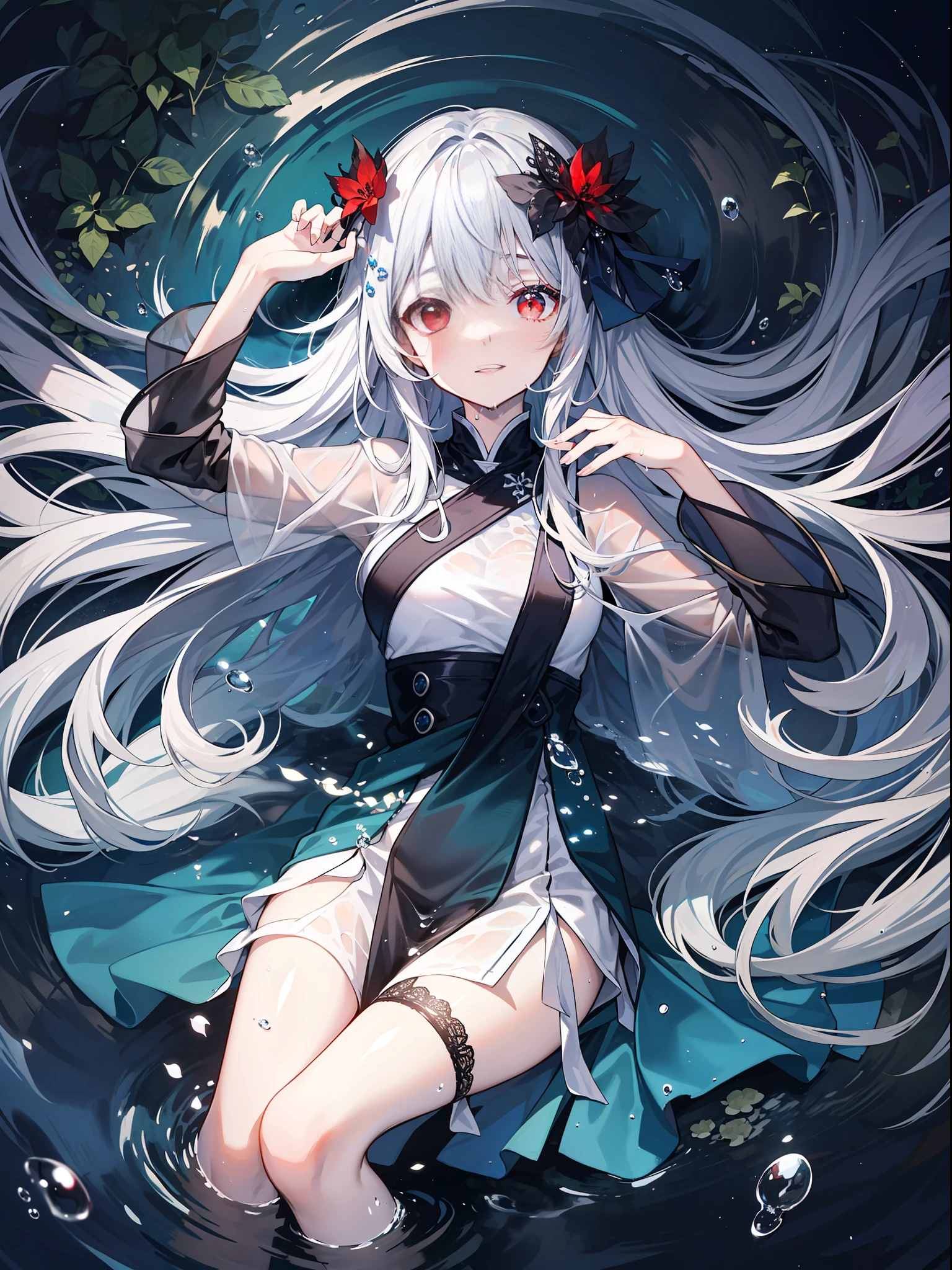 Fantastic and beautiful moonlight in pitch-black forest。View from above of a 15-year-old girl。(Wet silver hair and red eyes)。A slight smil。She wears only a sheer long white cloth with beautiful lace decoration。The cloth is submerged in water。(Splashing in the dark forest lake at night)。(Hair or clothes are wet)。Splash。Wet hair bunches。Dripping water droplets。Fantastic fireflies float in the air、Light also reflects off water。Near and far law。Glitter effect。Dynamic composition with depth。Extremely high quality、high-level image quality、Extremely delicate drawing。Rarely seen workmanship