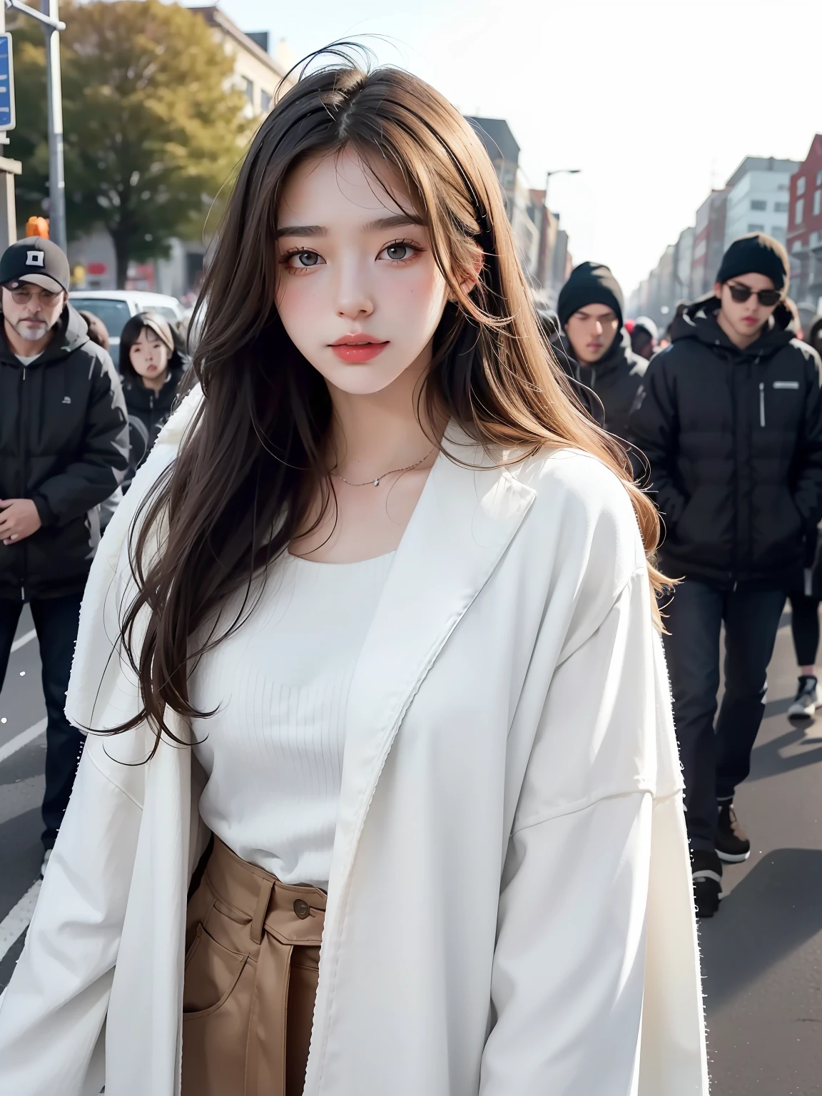 1girll， Harnes， In the streets，crowd of， deep shading， low tune， cold light， Raised sexy，long whitr hair，Apple muscle