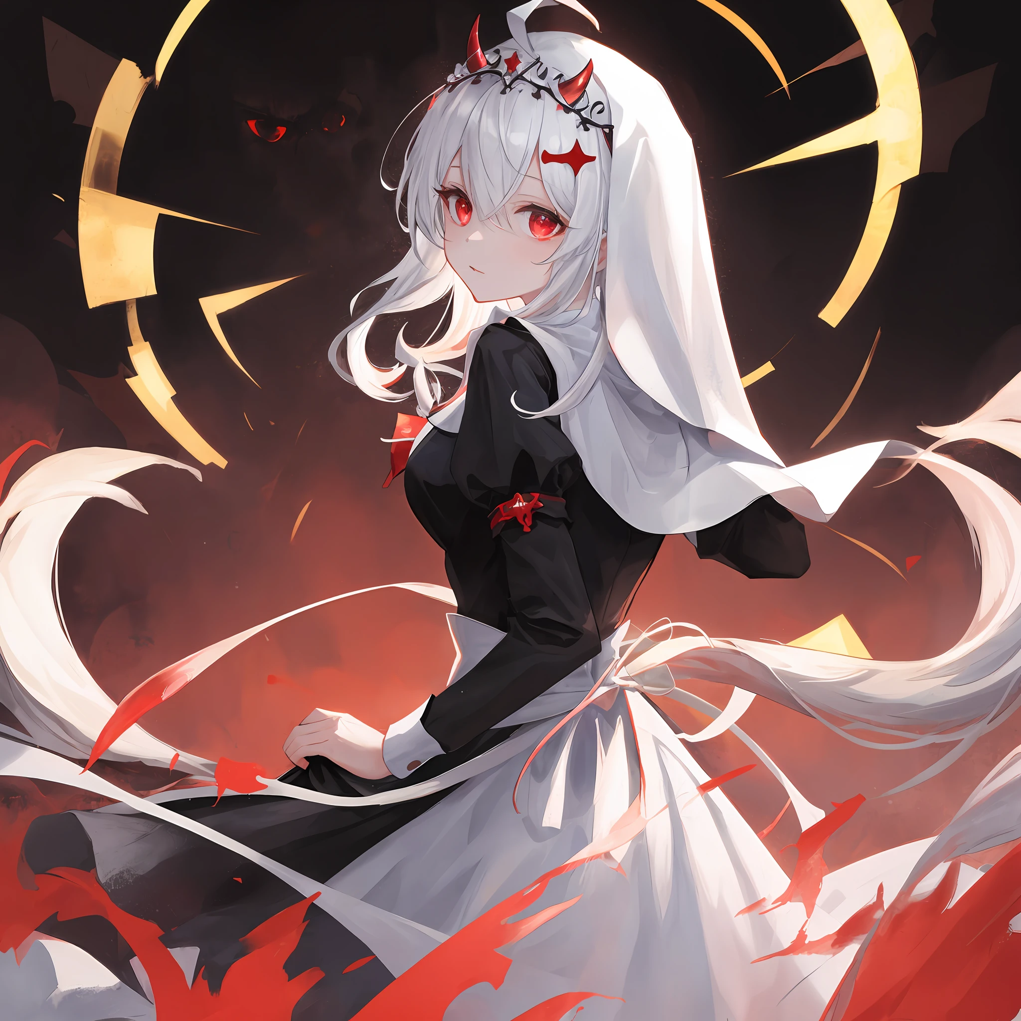 tmasterpiece,Need,Extremely detailed CG unity 8k wallpaper,paper cut out,Terror Sky,(The upper part of the body),1个Giant Breast Girl,red eyes,Black and white hair,Gradient hair,hair between eye,ahoge,devil horns,Drill hair,Idade:16,back to look back,Nun dress,White stockings,Mary Jenny,star headdress