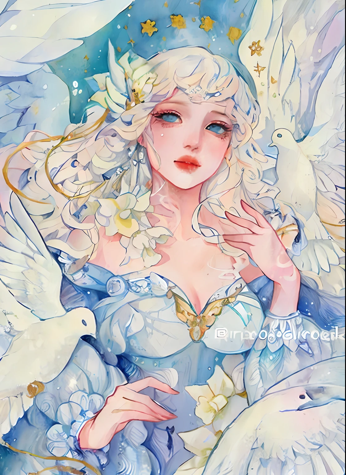 a drawing,The painting shows a woman with white wings and a dove, inspired by Miho Hirano, watercolor detailed art, author:Mary Angel, inspired by Naoko Takeuchi, inspired by Marie Angel, Alphonse mucha and rossdraws, ethereal fairytale, Inspired by Rebecca Gay, trending on artstration, watercolor colored painting, Watercolor illustration style, goddess of love and peace