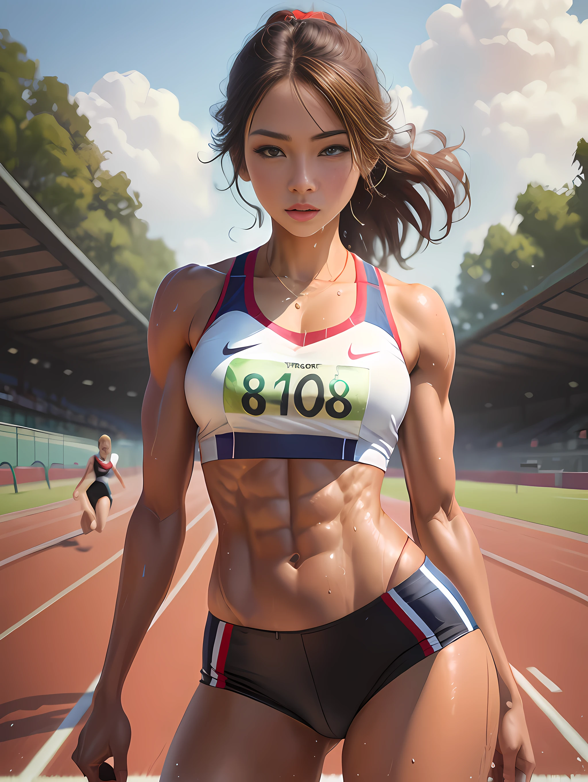 (Digital Painting),(Best Quality), 1girl, track and field uniform,charming face,small head,big beatiful eyes,large breasts,Trained abs,nice legs,wet skins sweat,track and field,Dramatic light,