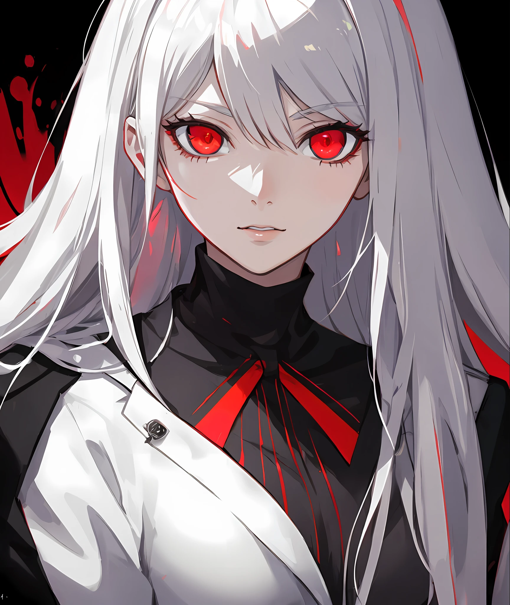 tmasterpiece,Highest image quality,Anime characters with red eyes and white hair appear in two different pictures, zerochan art, gapmoe yandere grimdark, portrait gapmoe yandere grimdark, Tokyo Ghoul, digital art from danganronpa, monochrome and red color bleed, 4k manga wallpapers, Epic anime style, with red glowing eyes, persona 5 art style wlop, zerochan