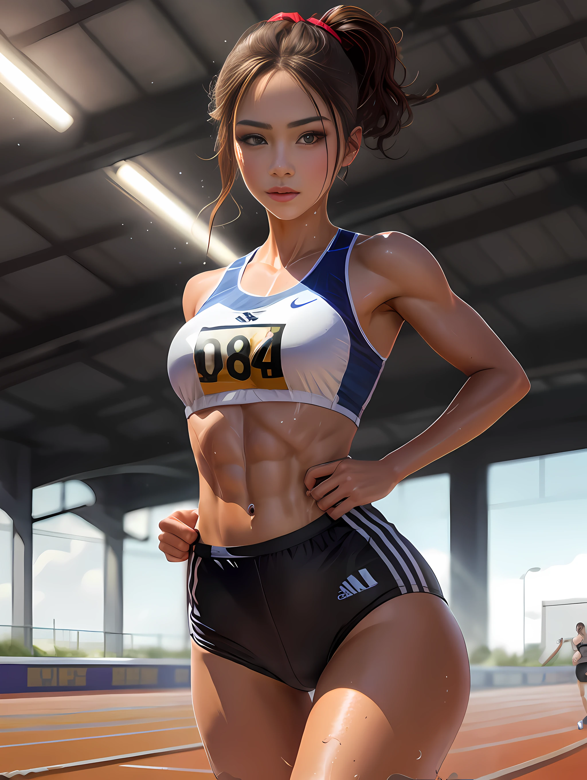 (Digital Painting),(Best Quality), 1girl, track and field uniform,charming face,small head,big beatiful eyes,large breasts,Trained abs,nice legs,wet skins sweat,track and field,Dramatic light,