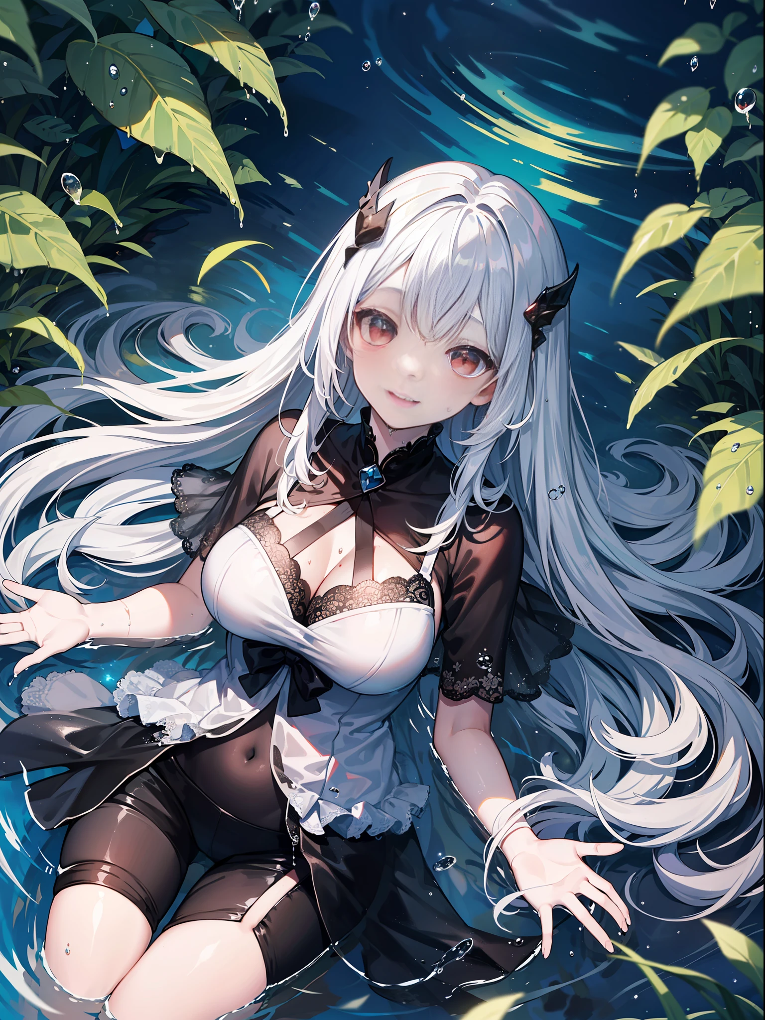 Fantastic and beautiful moonlight in pitch-black forest。View from above of a -yeld gi(Wet silver hair and red eyes)。A slight smil。She wears only a sheer long white cloth with beautiful lace decoration。The cloth is submerged in water。(Splashing in the dark forest lake at night)。(Hair or clothes are wet)。Splash。Wet hair bunches。Dripping water droplets。Fantastic fireflies float in the air、Light also reflects off water。Near and far law。Glitter effect。Dynamic composition with depth。Extremely high quality、high-level image quality、Extremely delicate drawing。Rarely seen workmanship