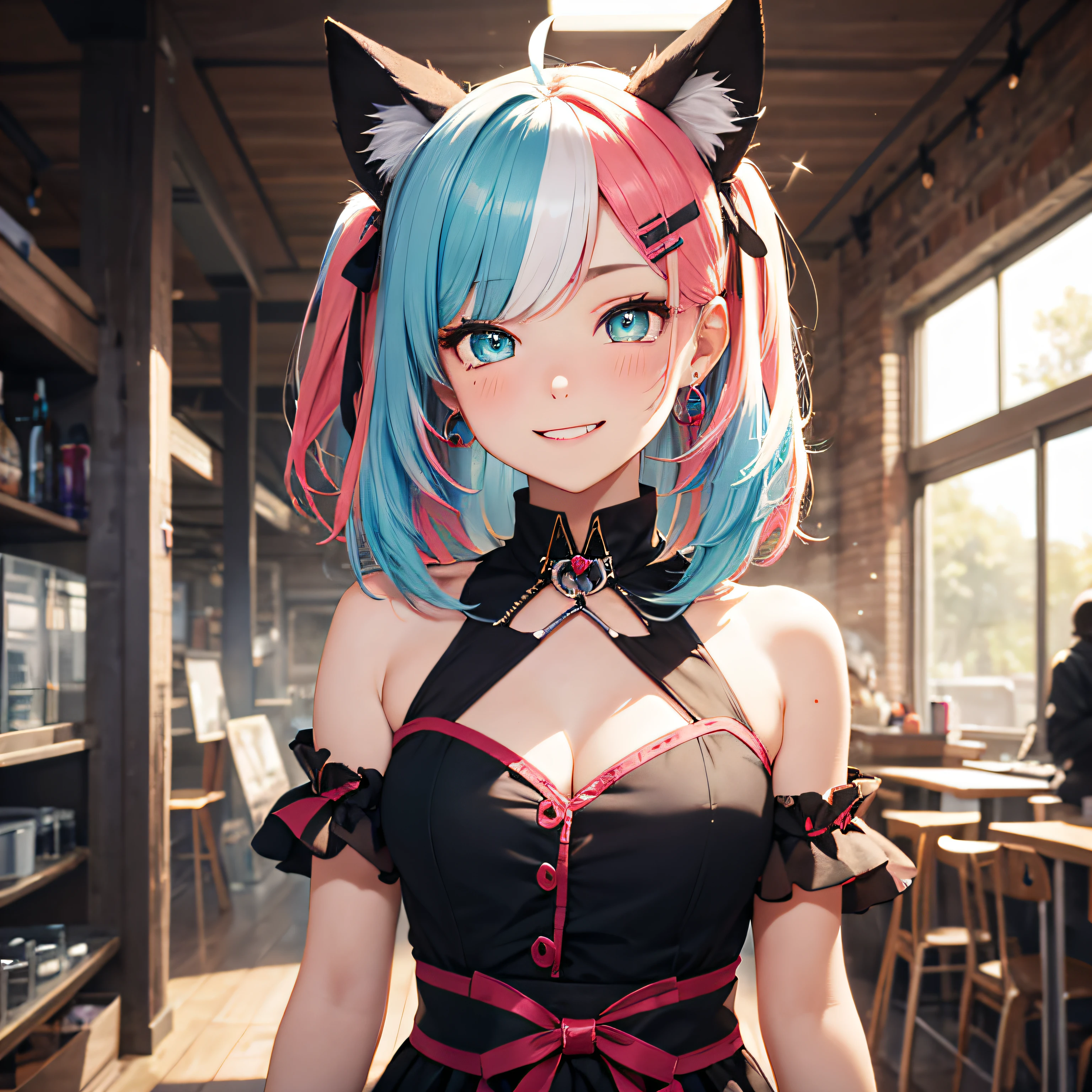 wince, longeyelashes, solid circle eyes, fake animal ears, ear blush, fang, streaked hair, multicolored hair, medium hair, twintails, parted bangs, heart ahoge, hairpin, hairclip, hair ribbon, ribbon, multicolored eyes, mismatched pupils, aqua eyes, pupils sparkling, crystal earrings, smile, modern, Romanticism, anime, ray tracing, stereogram, highres, UHD, masterpiece, ccurate, textured skin, super detail, high details, high quality, best quality, highres --auto