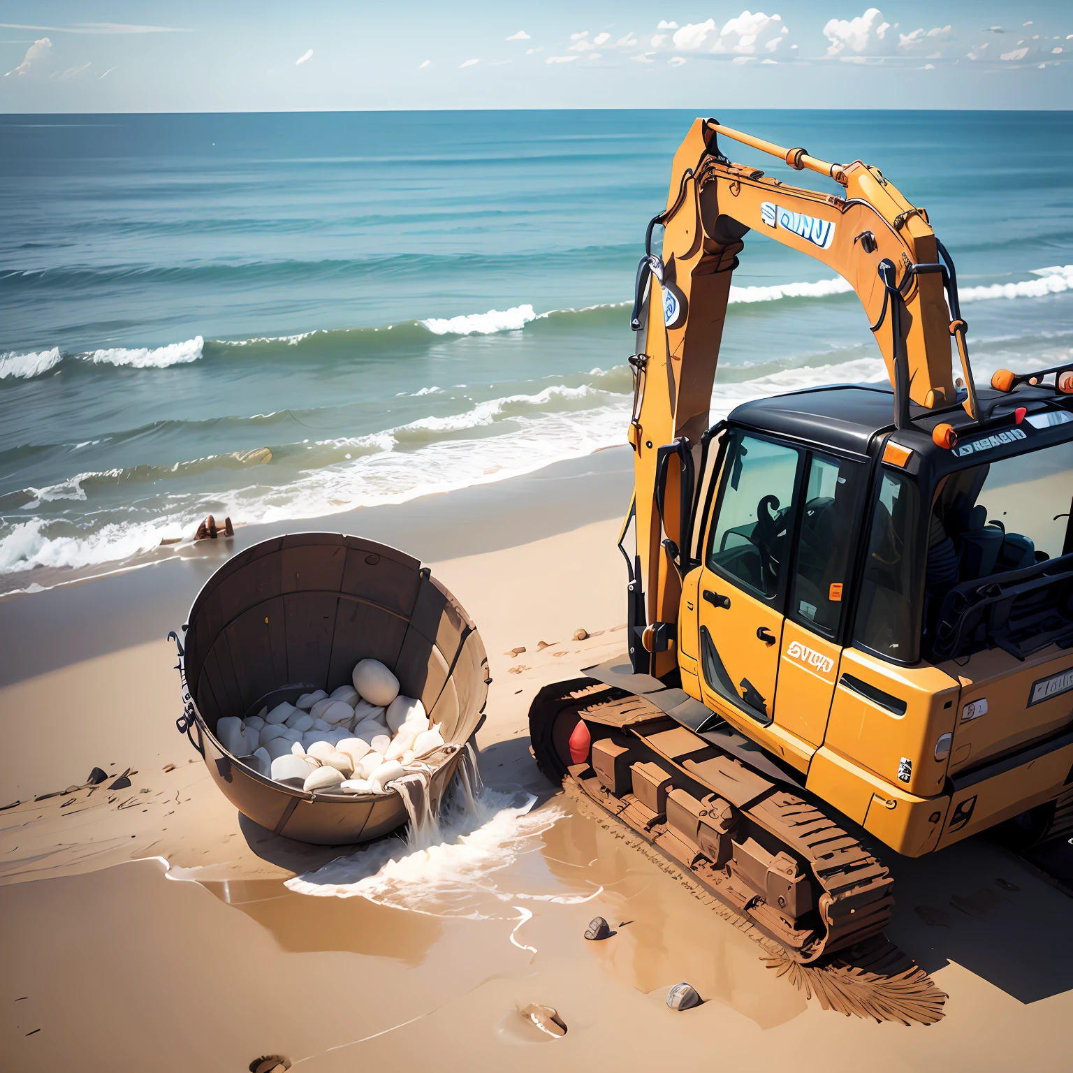 The excavator bucket is placed on the seashore --auto