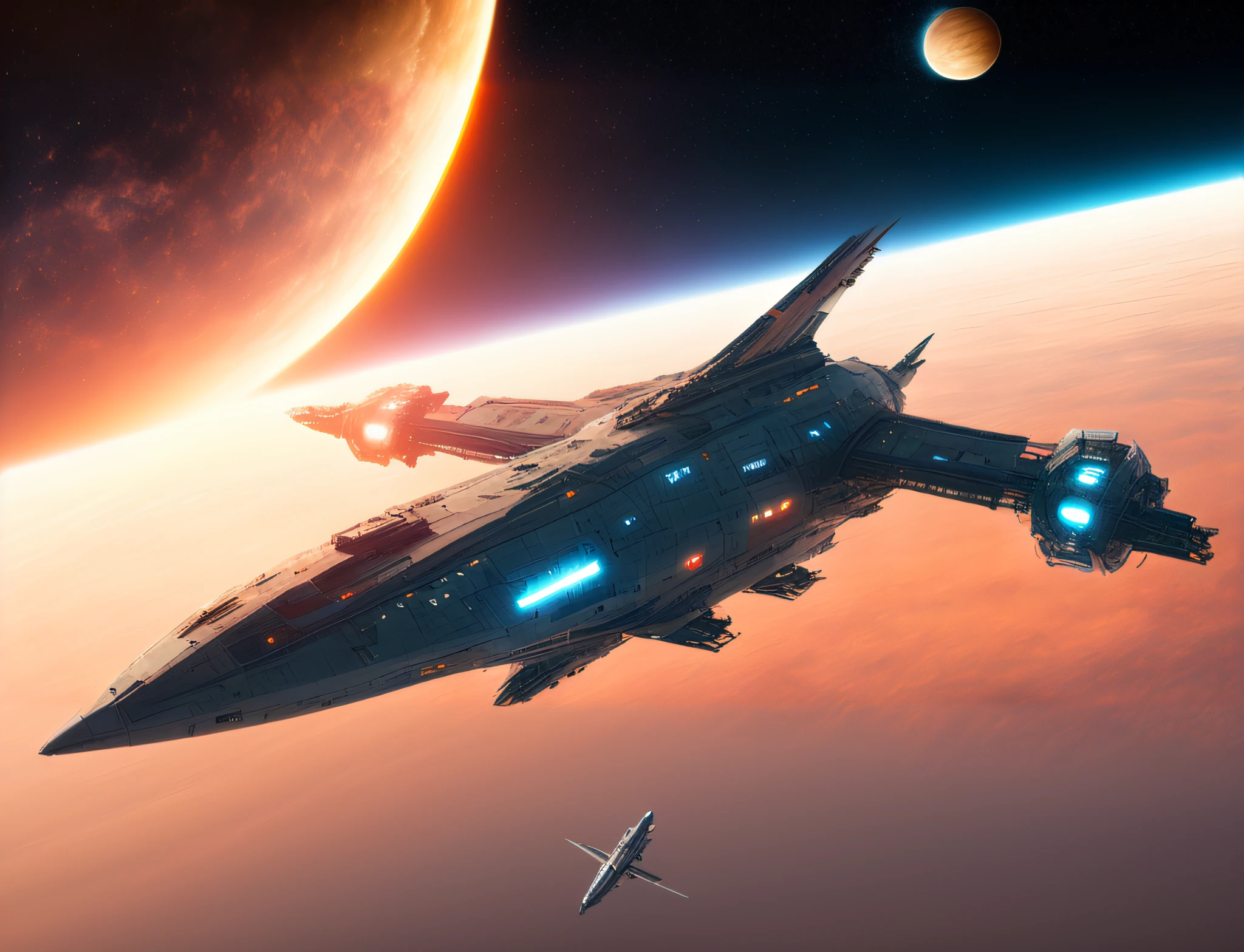 Spaceship in aerial view of the cosmic sun，Jessica Rossier style，Magnificent views of an interstellar epic，The distance heralds the suspension of the spacecraft，Star Citizen digital art inspiration，Spaceship flying in the background，Sci-fi battle scene，Spaceships travel between the stars，Full of futuristic technology and unlimited imagination。
