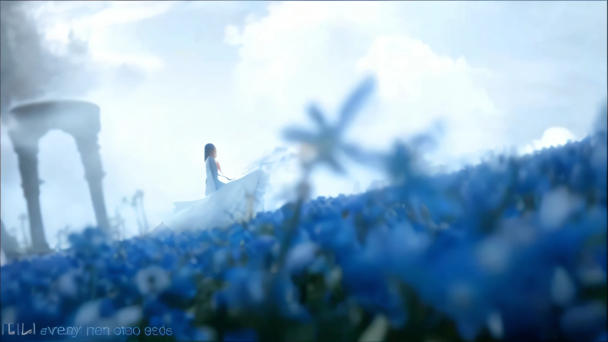 There was a girl in a white gauze dress standing in a blue flower field, The white skirt fluttered，screenshots from movies, blue flower field, The most beautiful scene of Japanese visual effects, flowers exploding and spraying, Visual effects shots