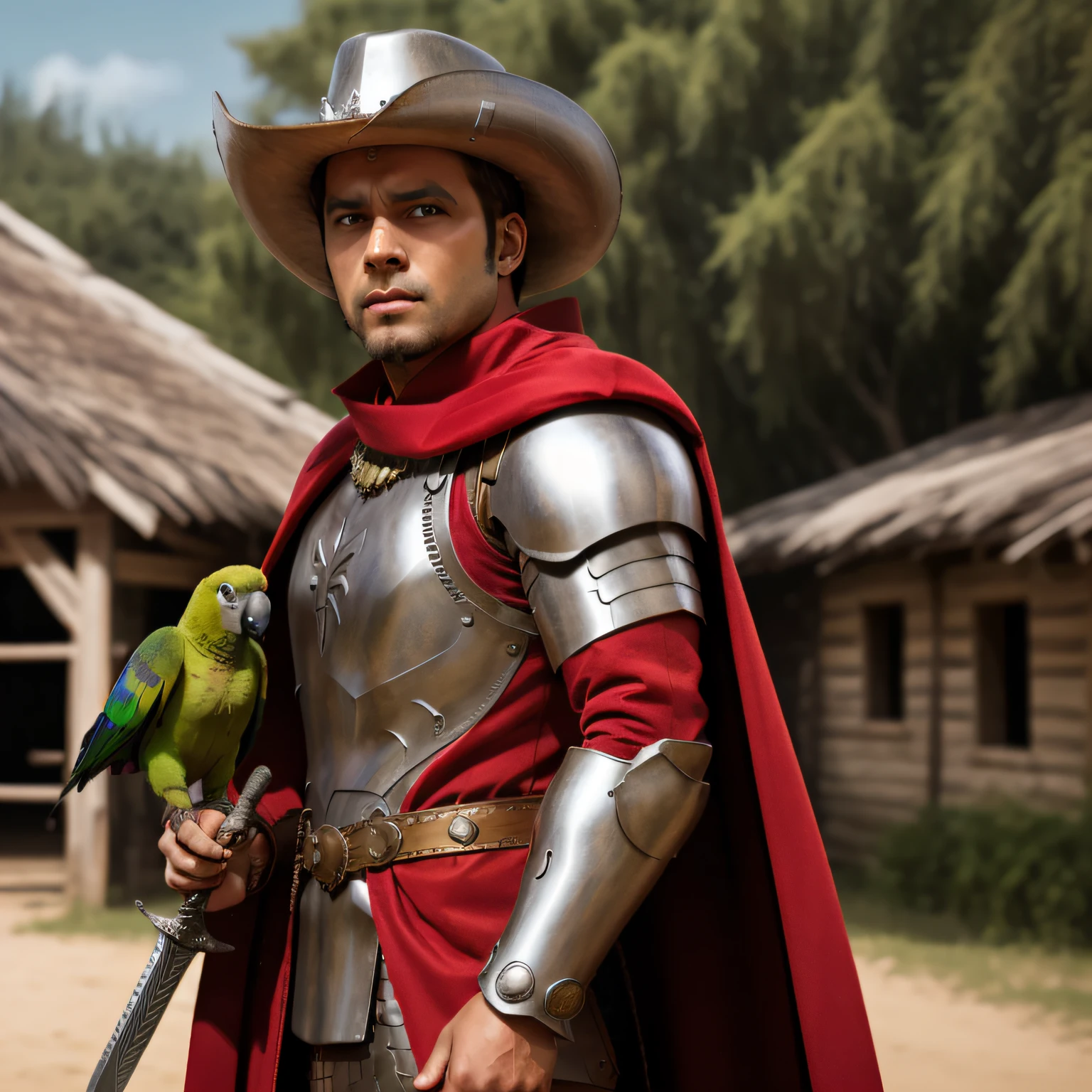 Roman soldier with medieval armor, sword and shield, parrot on shoulder, cowboy hat, red cape, infinity gauntlet, village setting, photo realistic