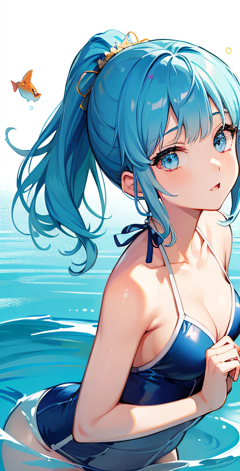 (masterpiece), (best quality), (ultra detailed),(disheveled hair),(illustration), (1girl), (Fashionable clothing), standing, Fashion model, looking at viewer, (interview), (simple background),beautiful detailed eyes, delicate beautiful face, Floating,(high saturation),(colorful splashes),colorful bubble,(shining), focus on face, ponytail, kamisato ayaka, light blue hair, bangs, hair ring, floating flowers, floating hairs, (shining), best lighting, best shadow,masterpiece, top quality, best quality, swimsuit party, in the water,fish,watermelon,cute style, perfect structure, summer theme