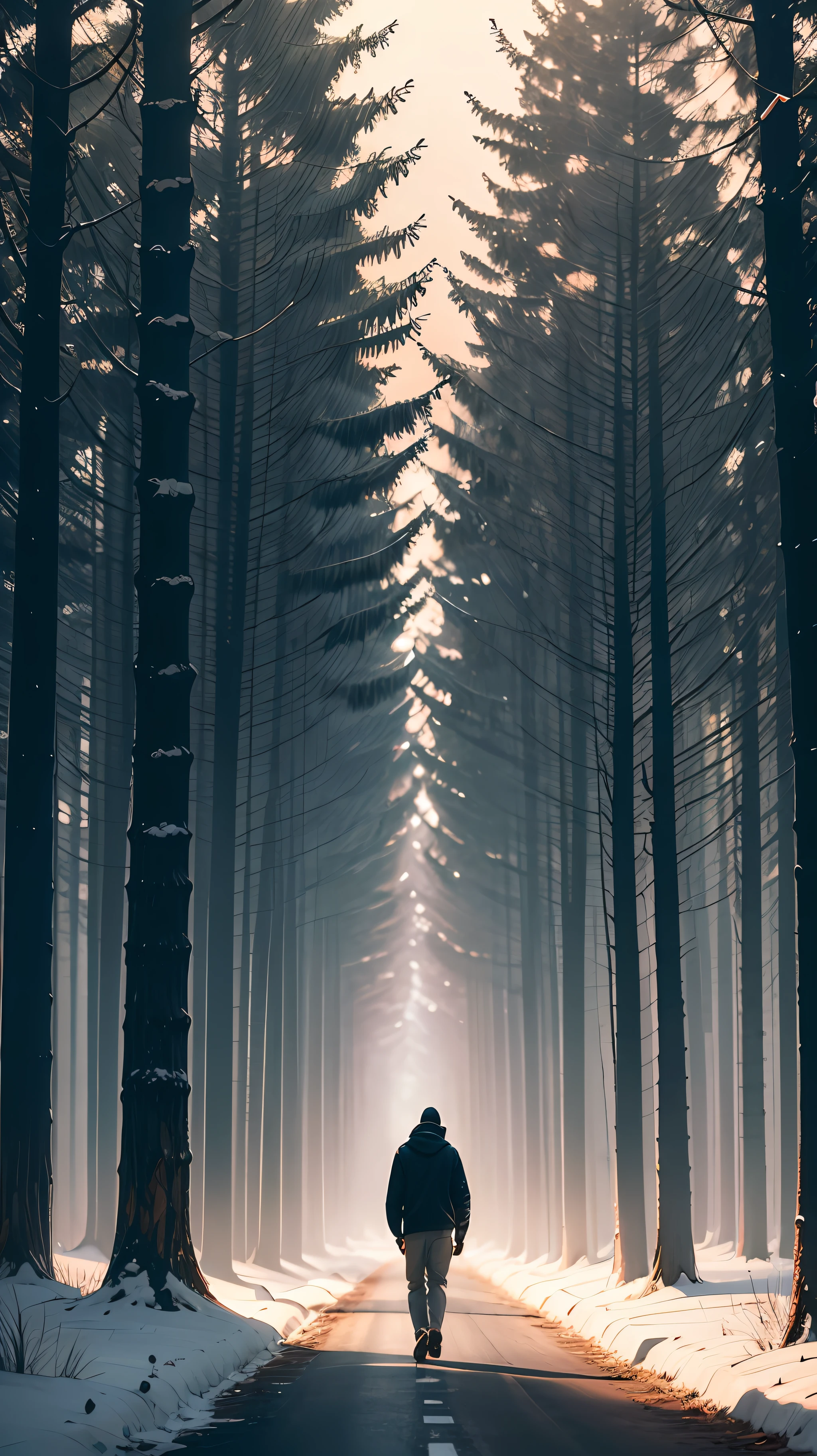 man walking in the middle of the road, in the center of the image, dark and cozy weather, dense trees, beautiful galaxy on the horizon, dusk, perfectionism, masterpiece, professional photography, work of art, best quality, best work, professional quality, movie quality, high contrast, 8k, HDR, wallpaper, perfect anatomy --auto